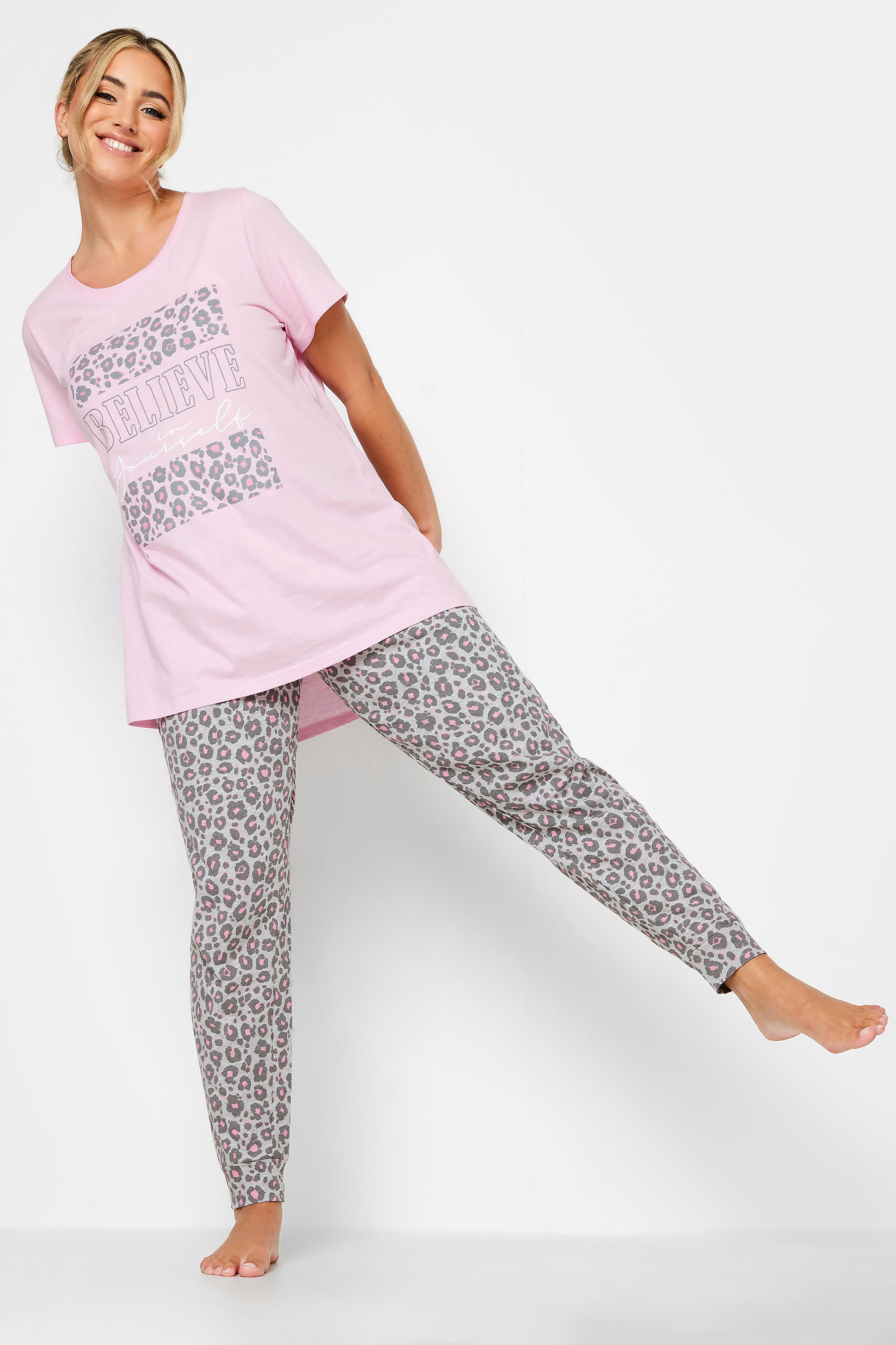 YOURS Plus Size Pink 'Believe In Yourself' Slogan Pyjama Set | Yours Clothing 2