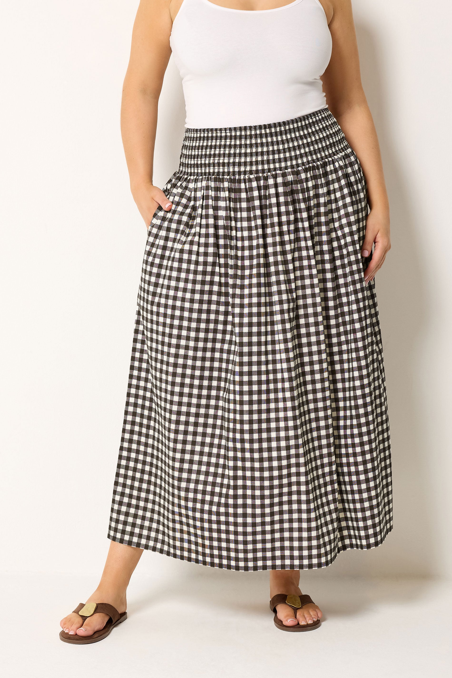 YOURS Plus Size Chocolate Brown Gingham Maxi Skirt | Yours Clothing 3