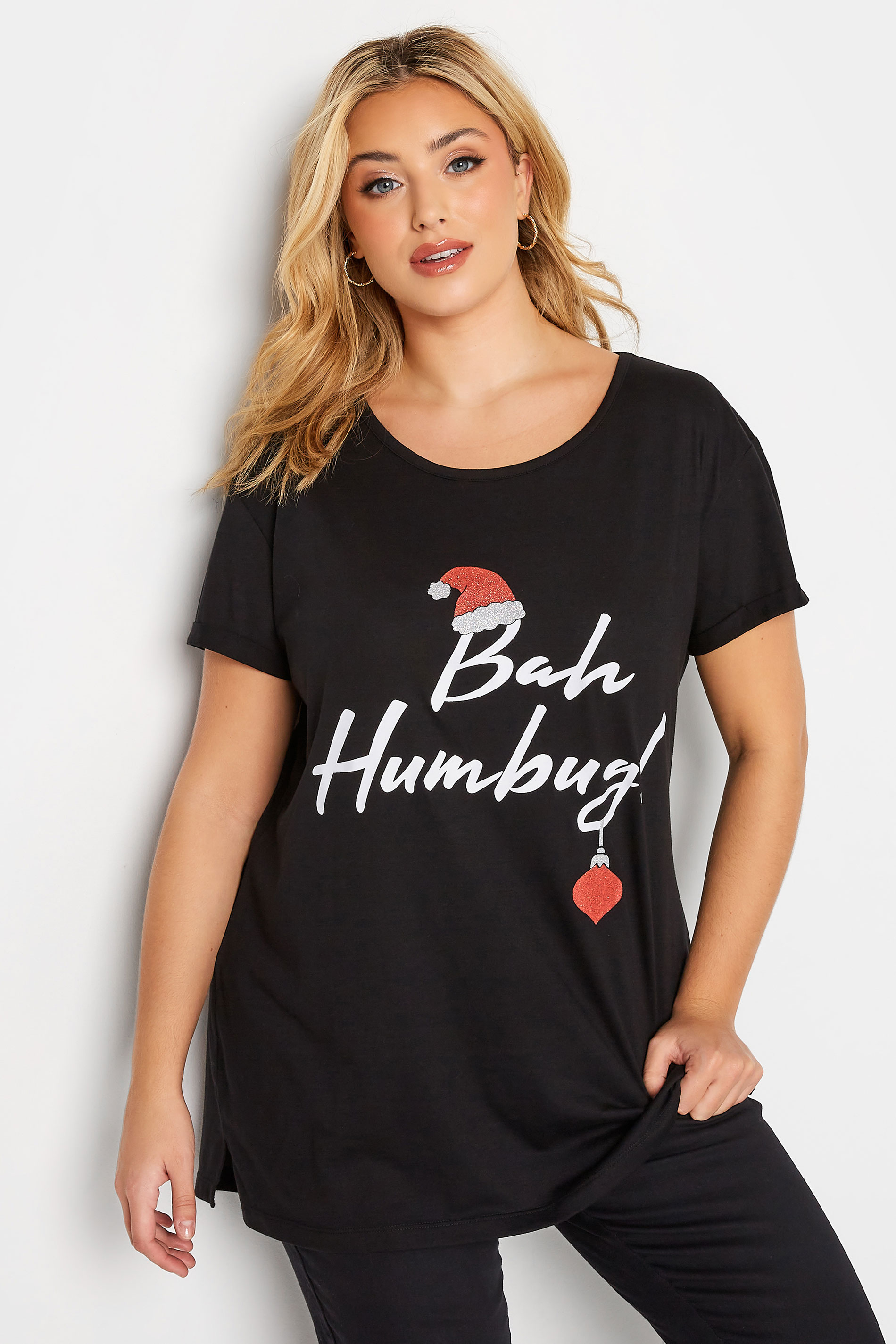 Plus Size Black 'Bah Humbug!' Glitter Slogan Christmas T-Shirt | Yours Clothing 1