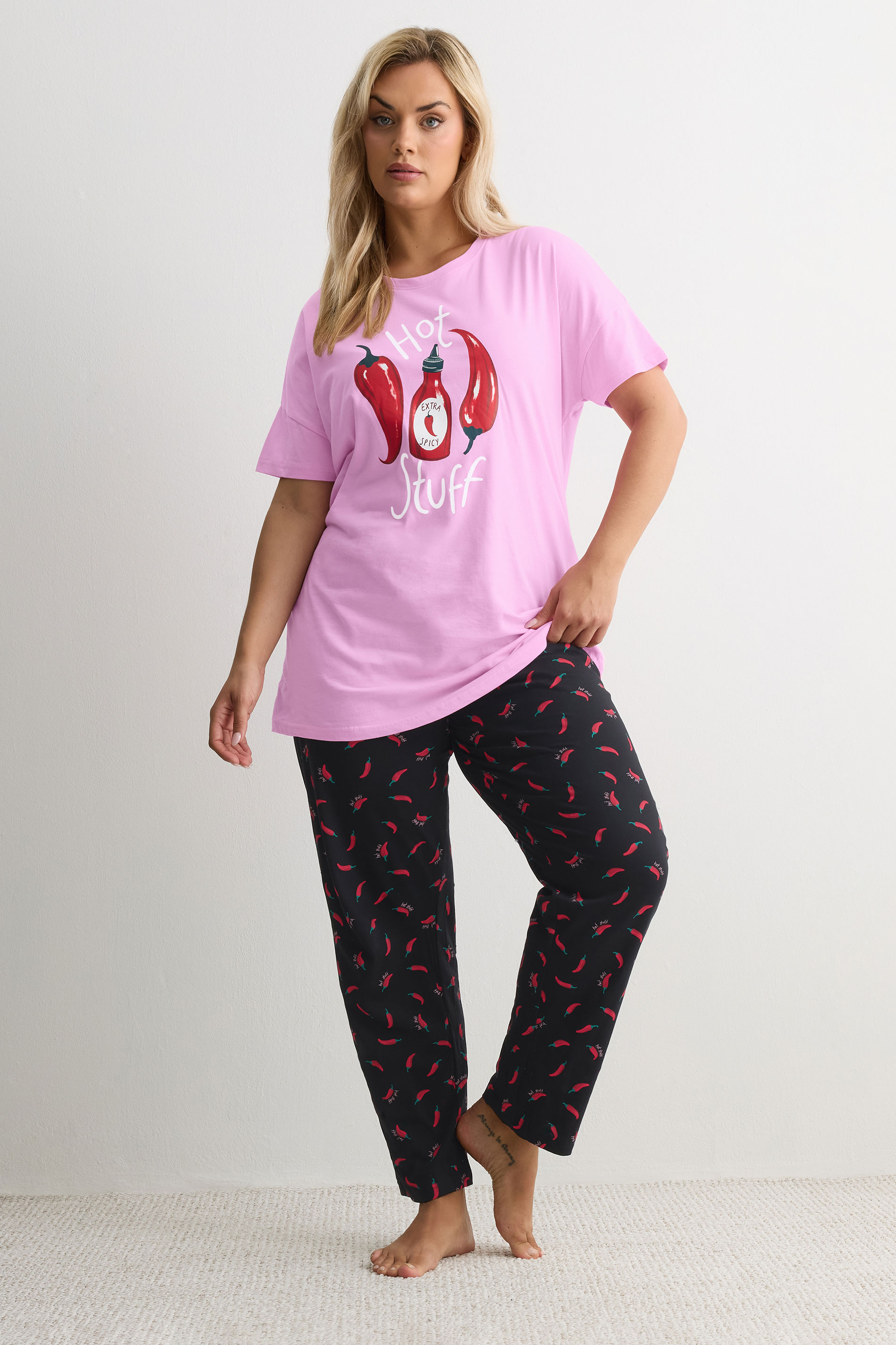 YOURS Plus Size Pink 'Hot Stuff' Wide Leg Striped Pyjama Set | Yours Clothing 1