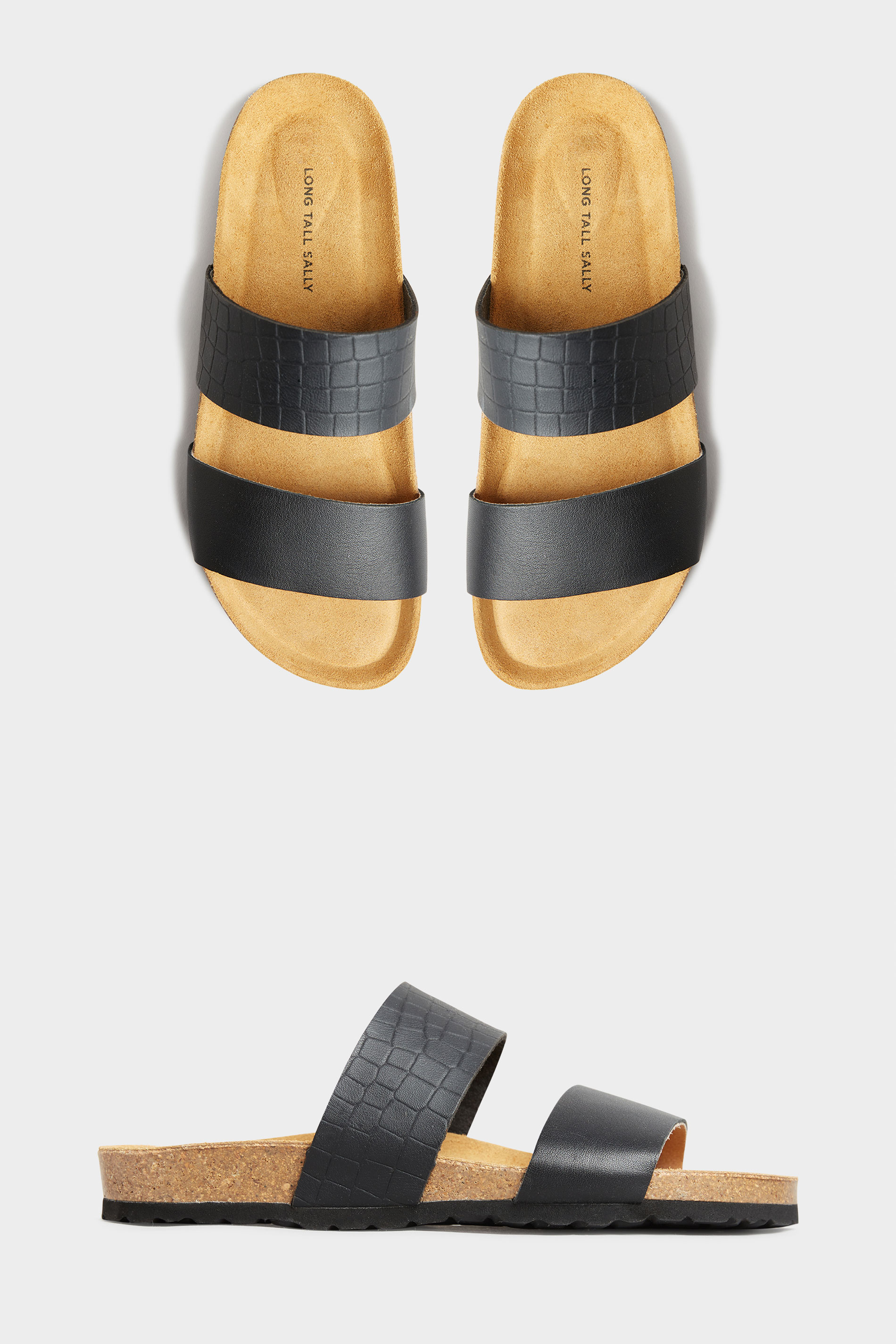 Grande taille  Sandals Grande taille  Flat Sandals | LTS Black Leather Two Strap Footbed Sandals In Standard D Fit - BQ94971