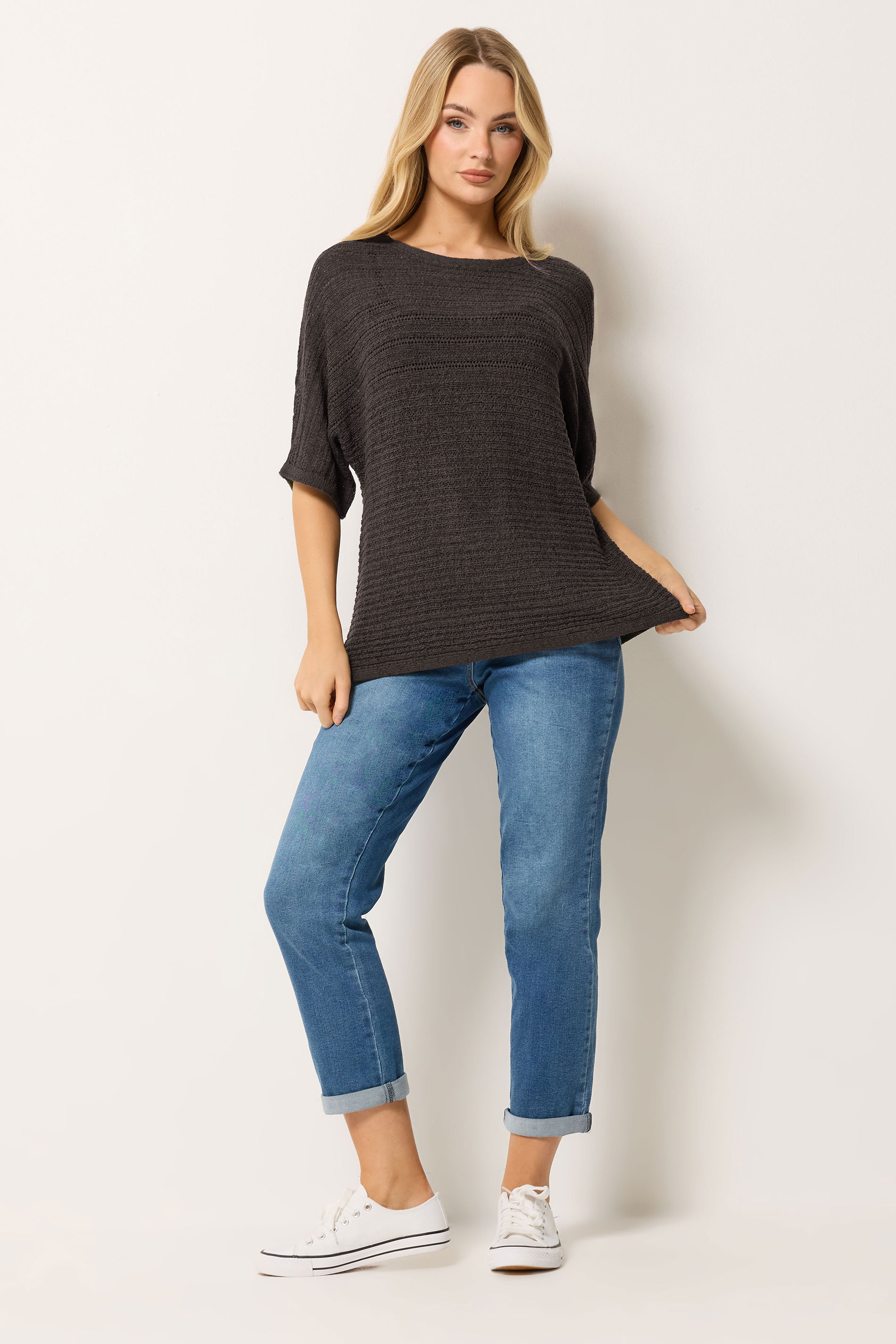 M&Co Chocolate Brown Short Sleeve Tape Knit Jumper | M&C0 1