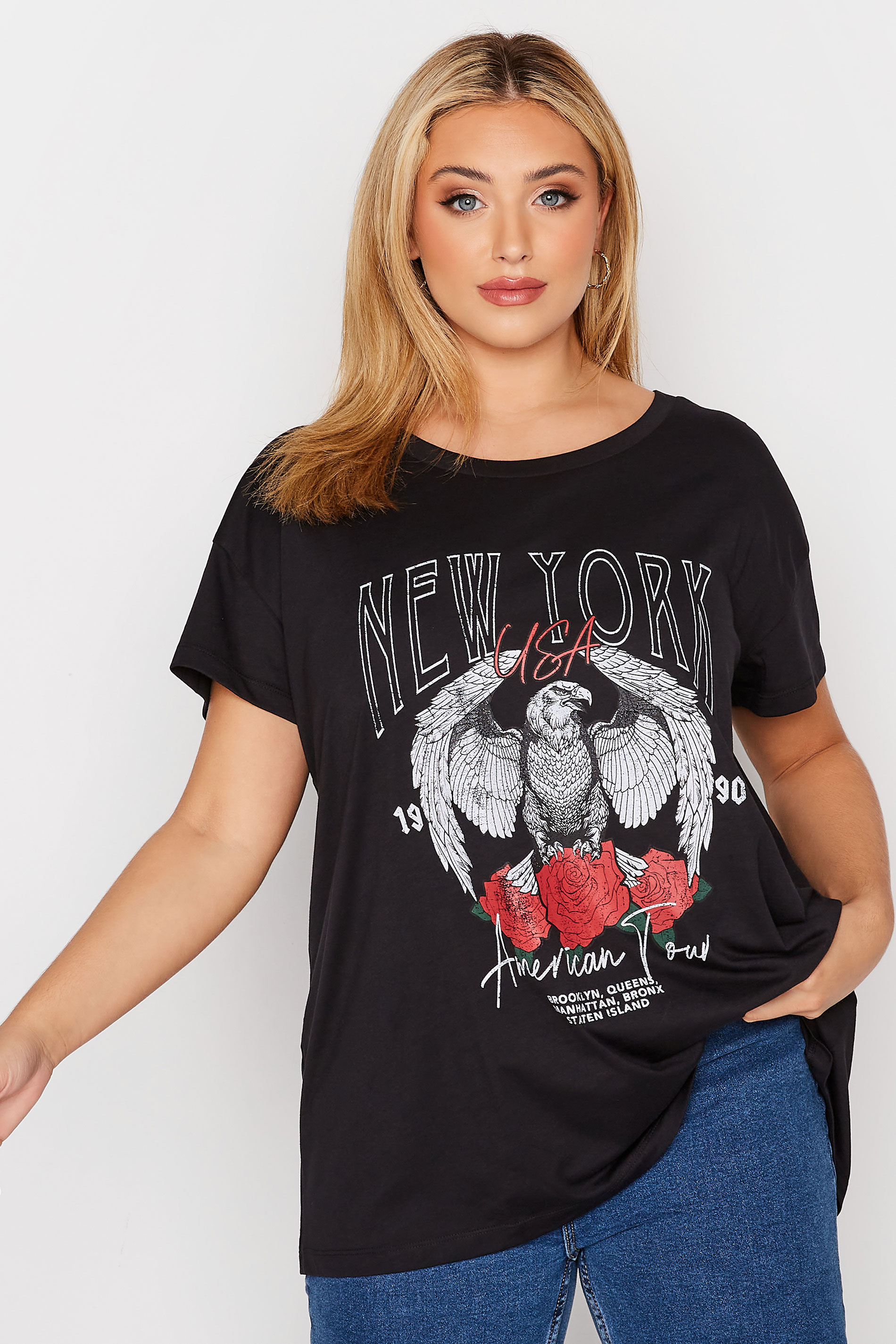Plus Size Black 'New York' Eagle Print Boxy T-Shirt | Yours Clothing 1