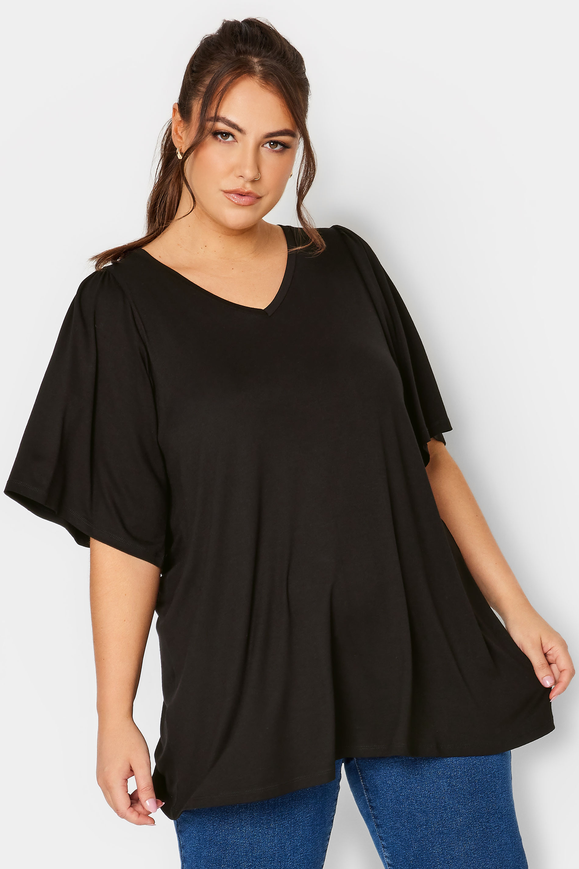 YOURS Plus Size Black Angel Sleeve Top | Yours Clothing  1