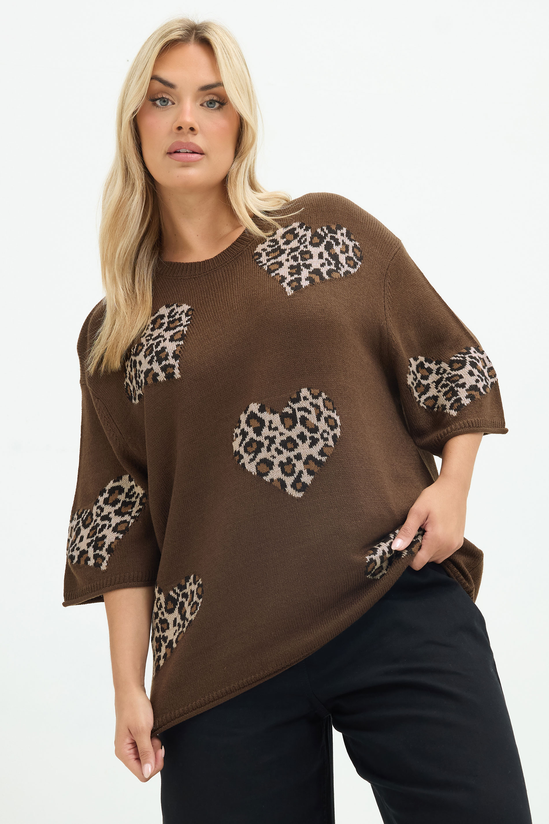Limited Collection Chocoladebruine Gebreide Top Met Luipaardprint En Hart Size 50-52