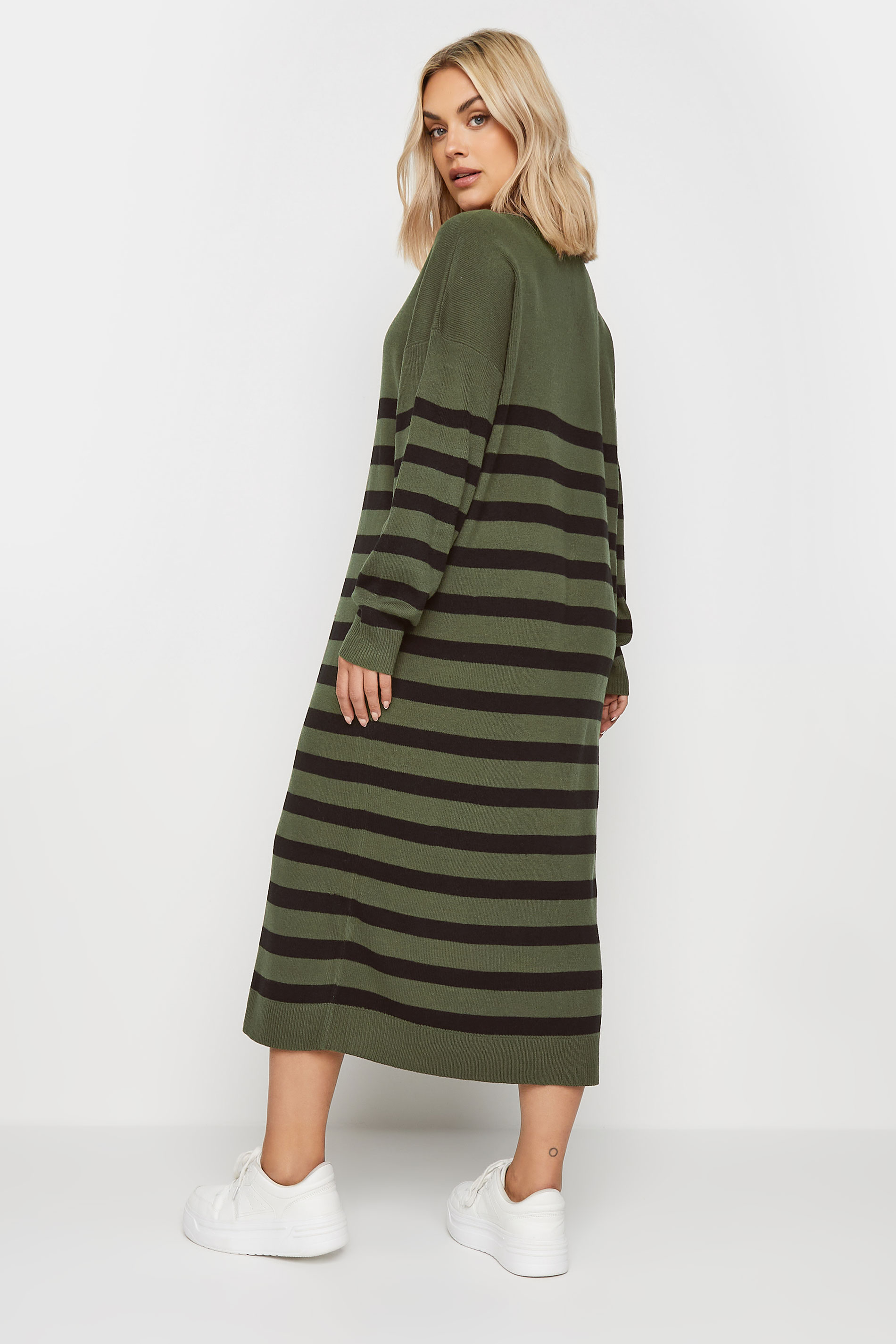 YOURS Plus Size Khaki Green Stripe Knitted Jumper Dress | Yours Clothing 3