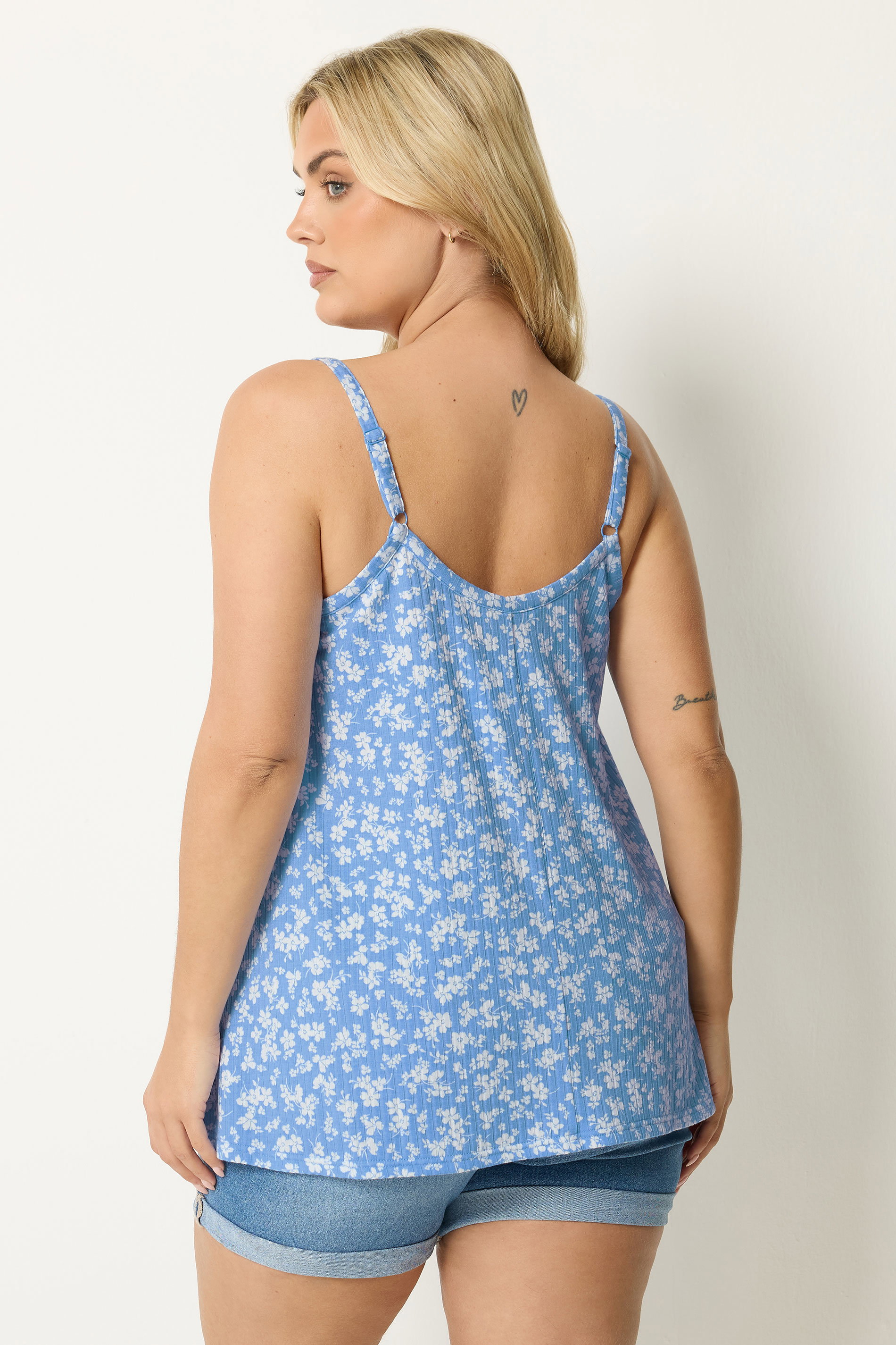 YOURS Plus Size Blue Ditsy Floral Ribbed Swing Vest Top | Yours Clothing 2