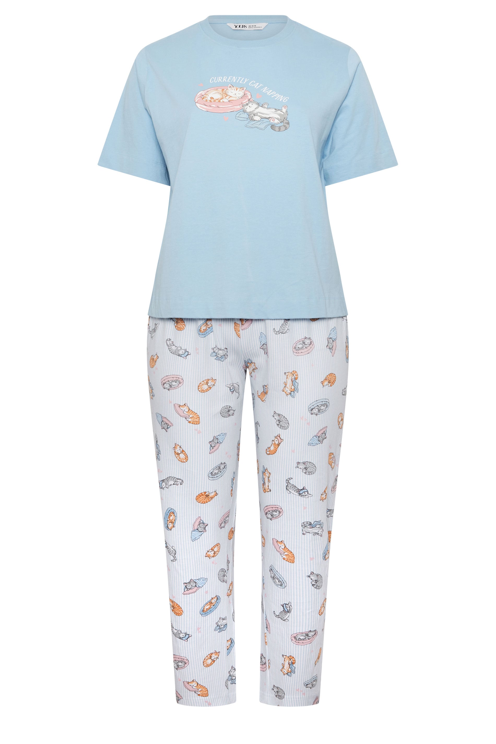 YOURS Plus Size Blue 'Currently Cat Napping' Slogan Wide Leg Pyjama Set | Yours Clothing 5
