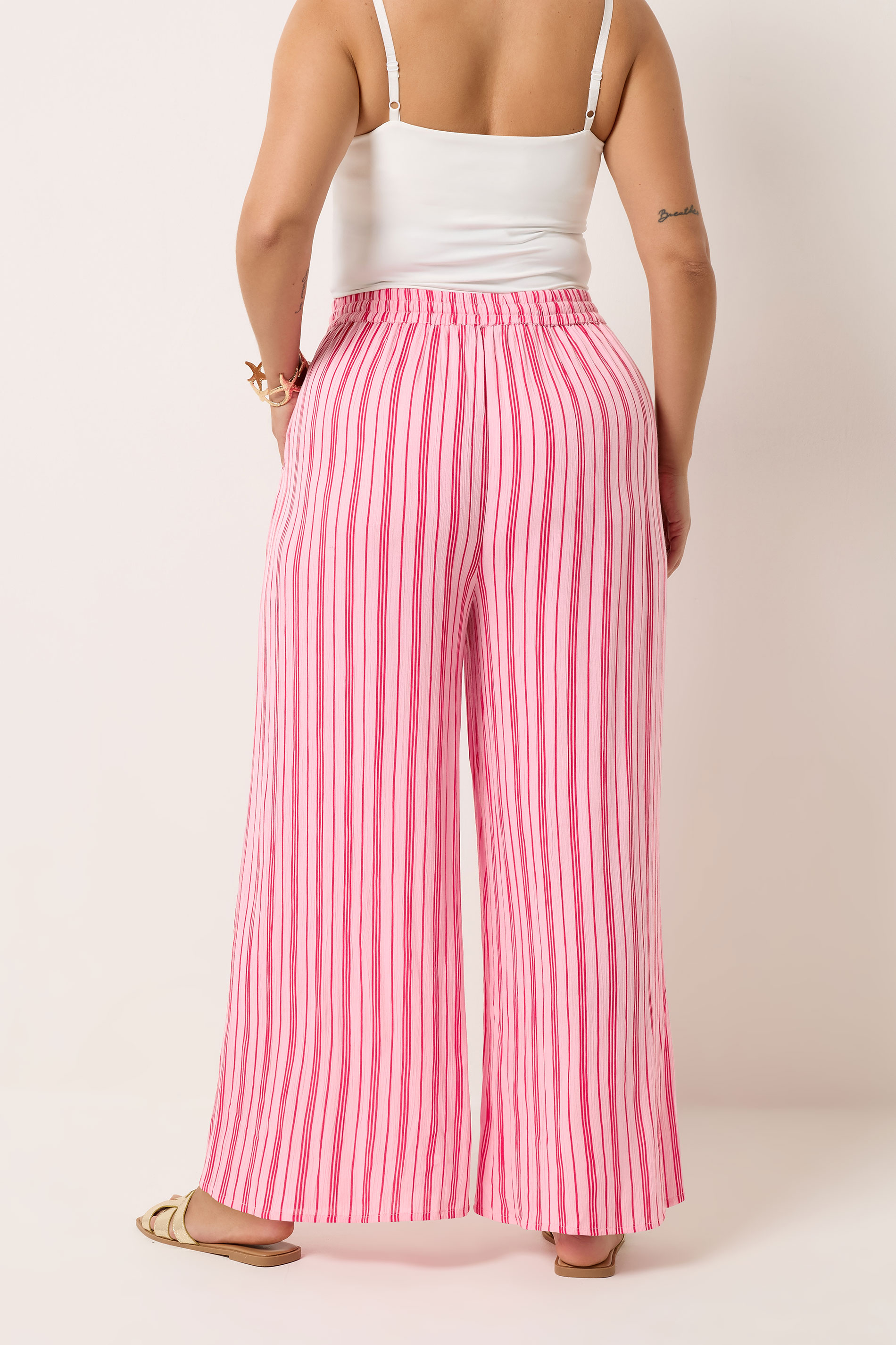 YOURS Plus Size Pink Stripe Crinkle Wide Leg Trousers | Yours Clothing 4