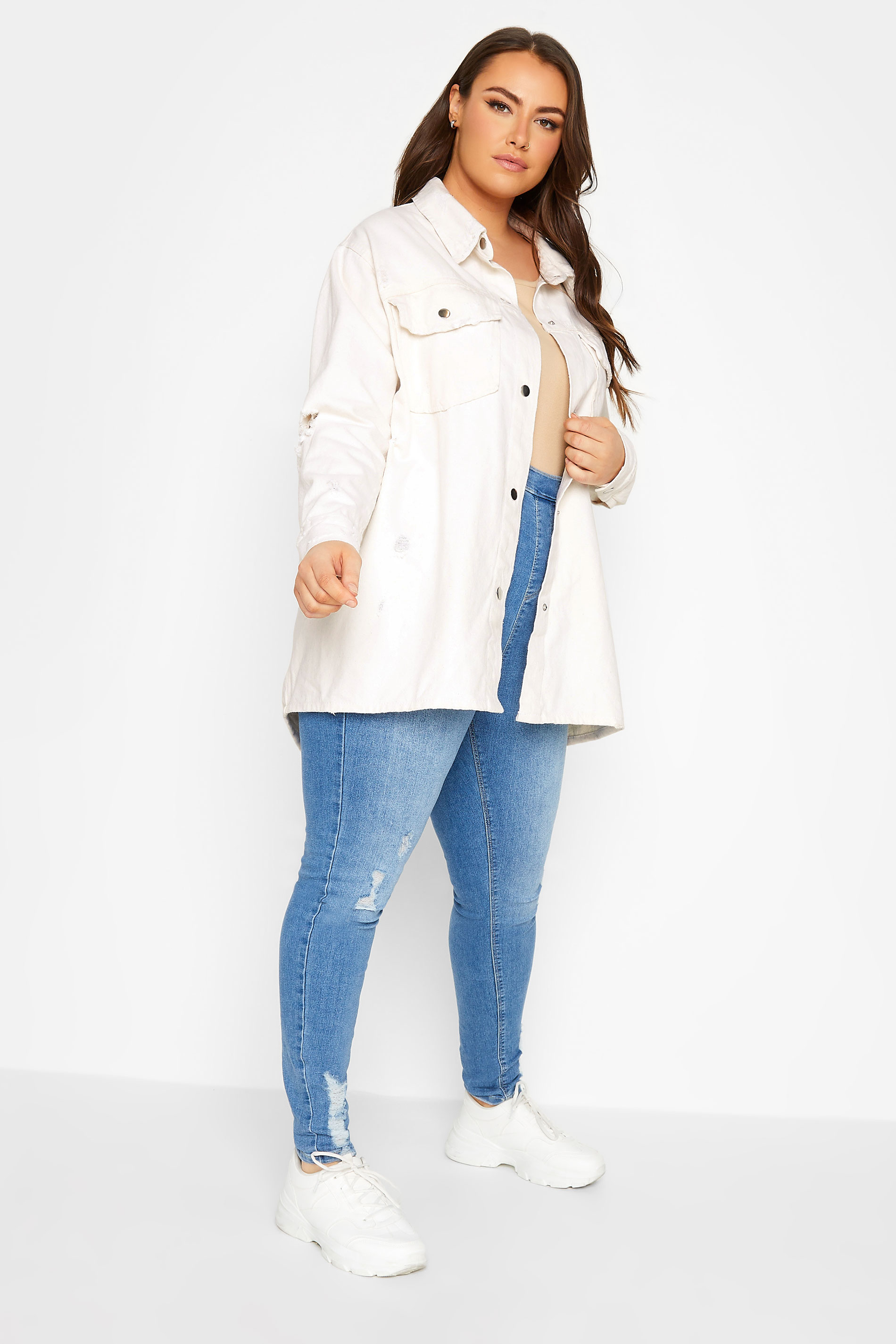 Blue Longline Distressed Denim Jacket  In The Style