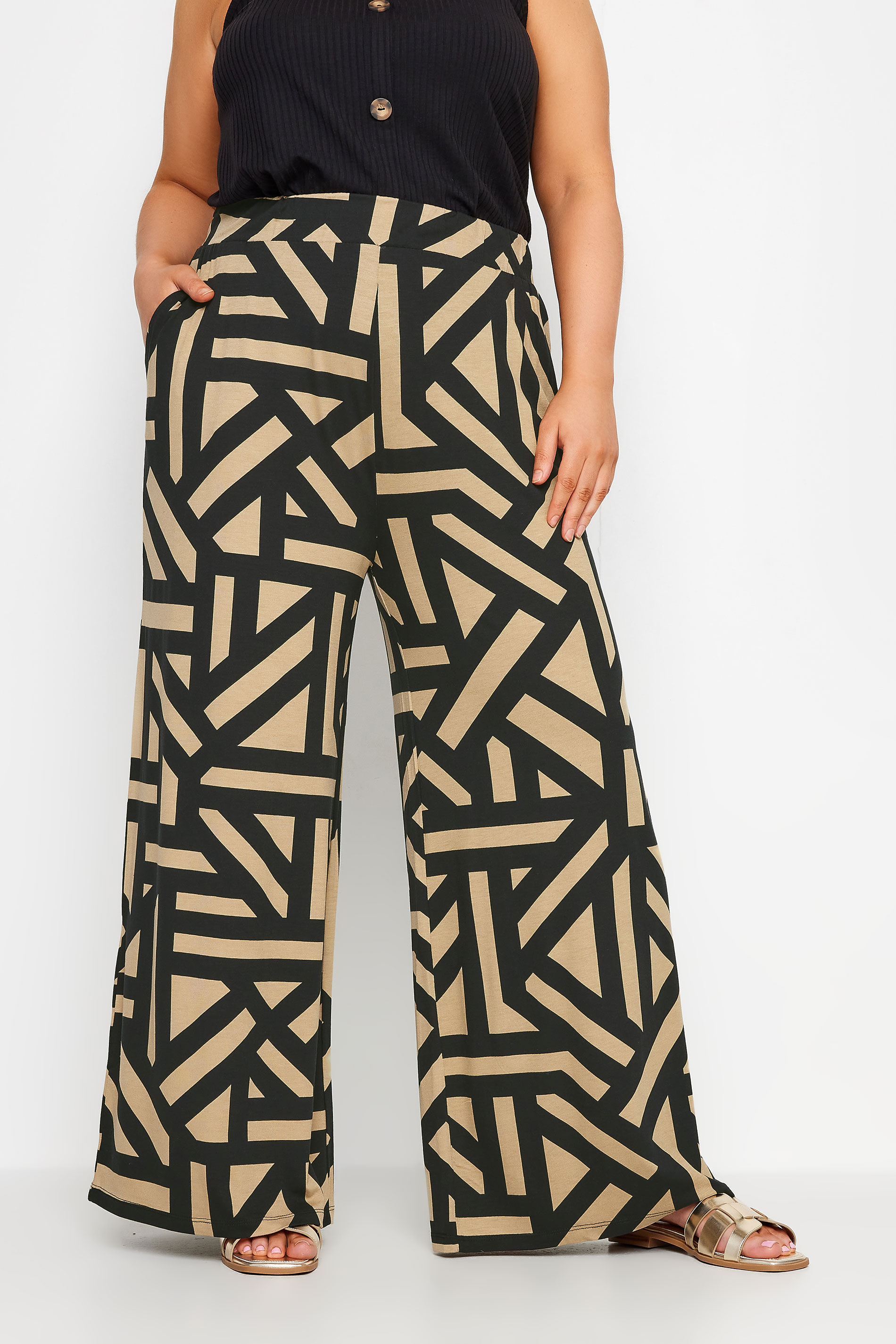 YOURS Plus Size Beige Brown Geometric Print Wide Leg Trousers | Yours Clothing 1