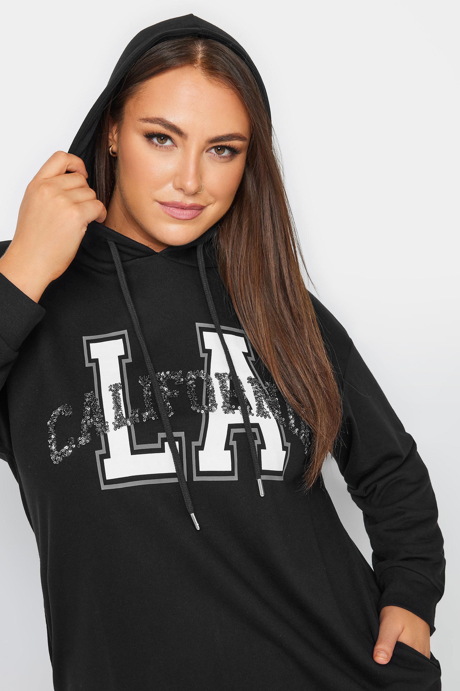 YOURS Curve Plus Size Black 'LA' Varsity Sequin Longline Hoodie