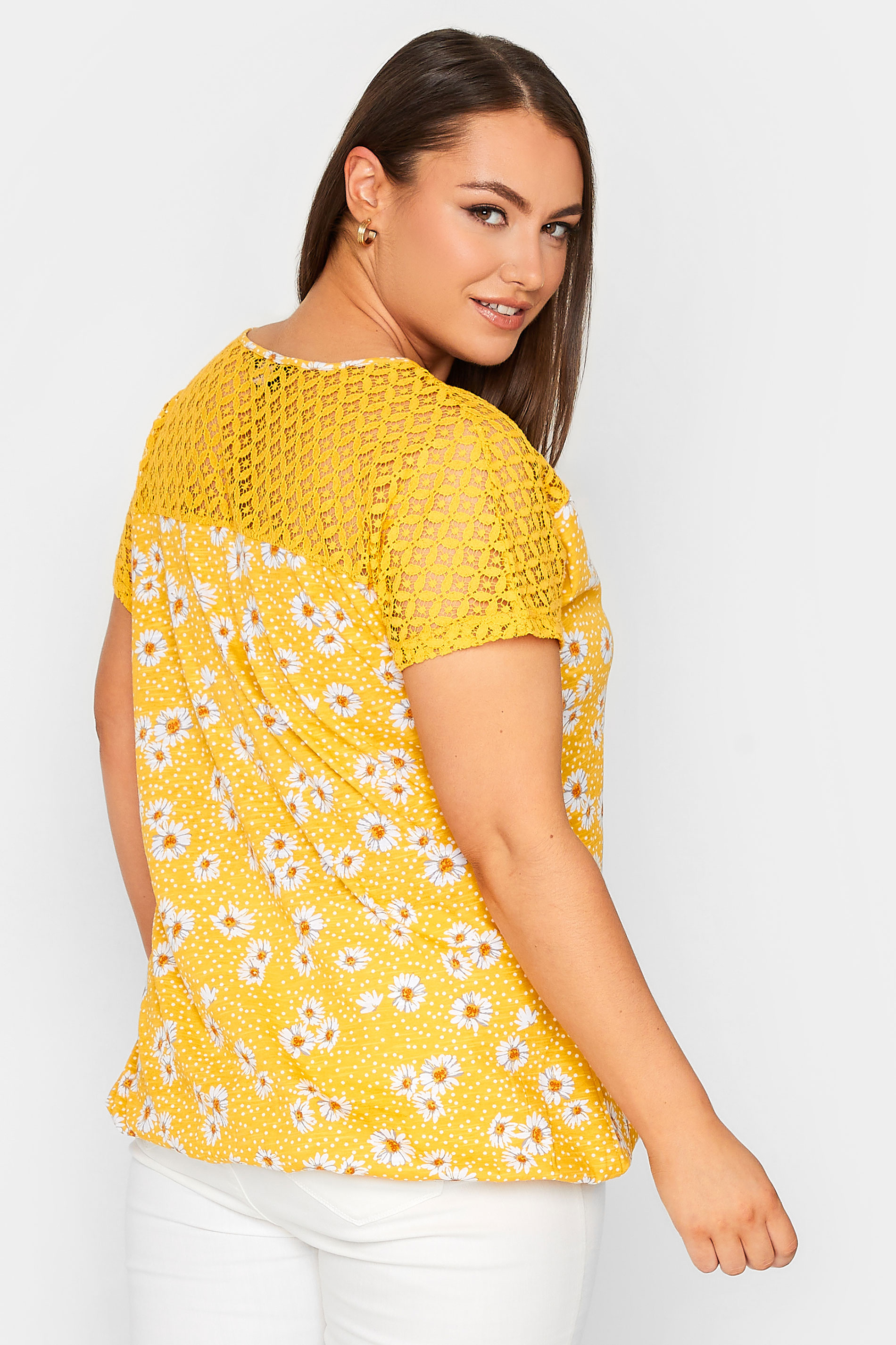 Plus Size Yellow Daisy Floral Print Lace Detail Bubble Hem T-Shirt | Yours Clothing 3