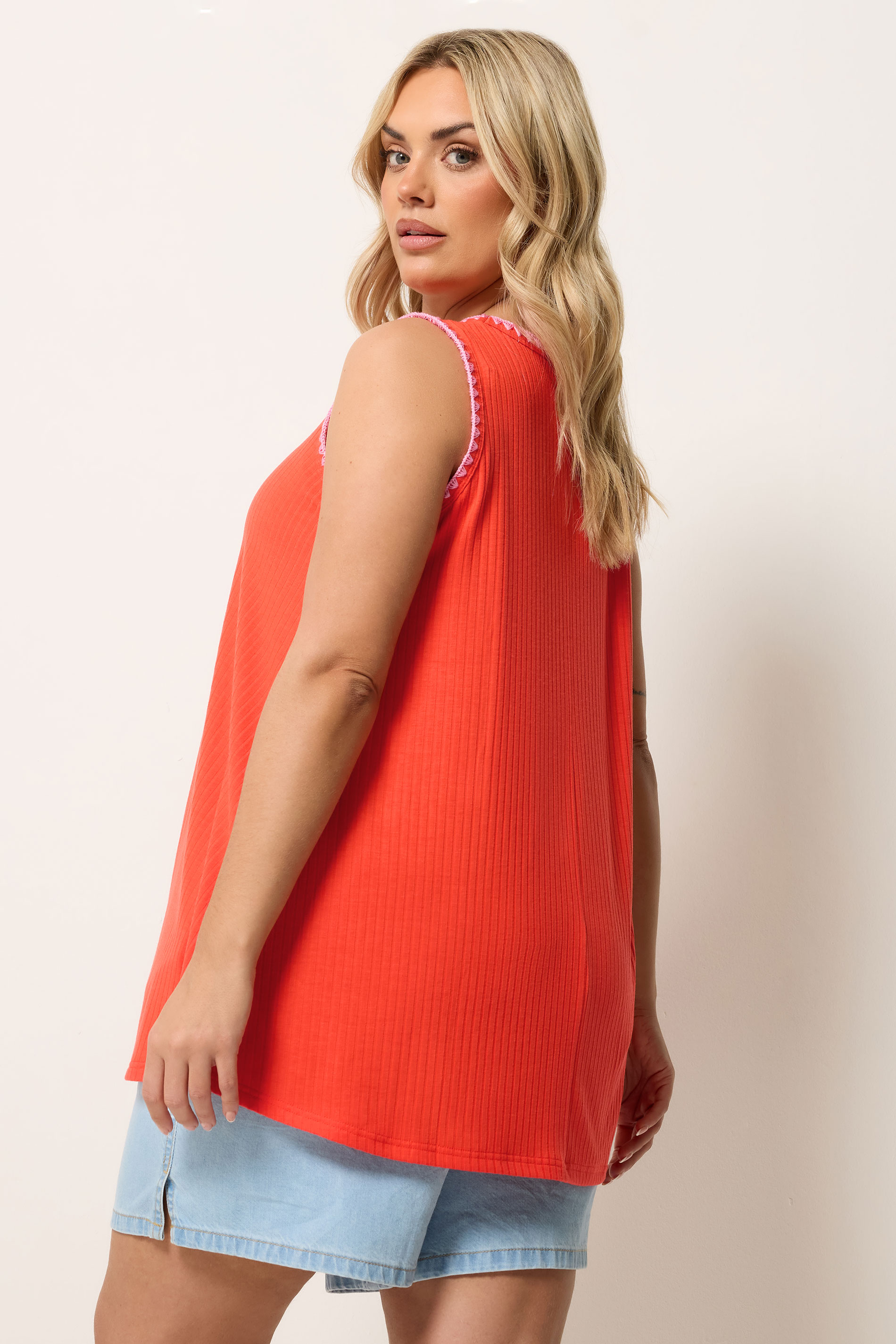 YOURS Plus Size Orange Contrast Stitch Vest Top | Yours Clothing 2