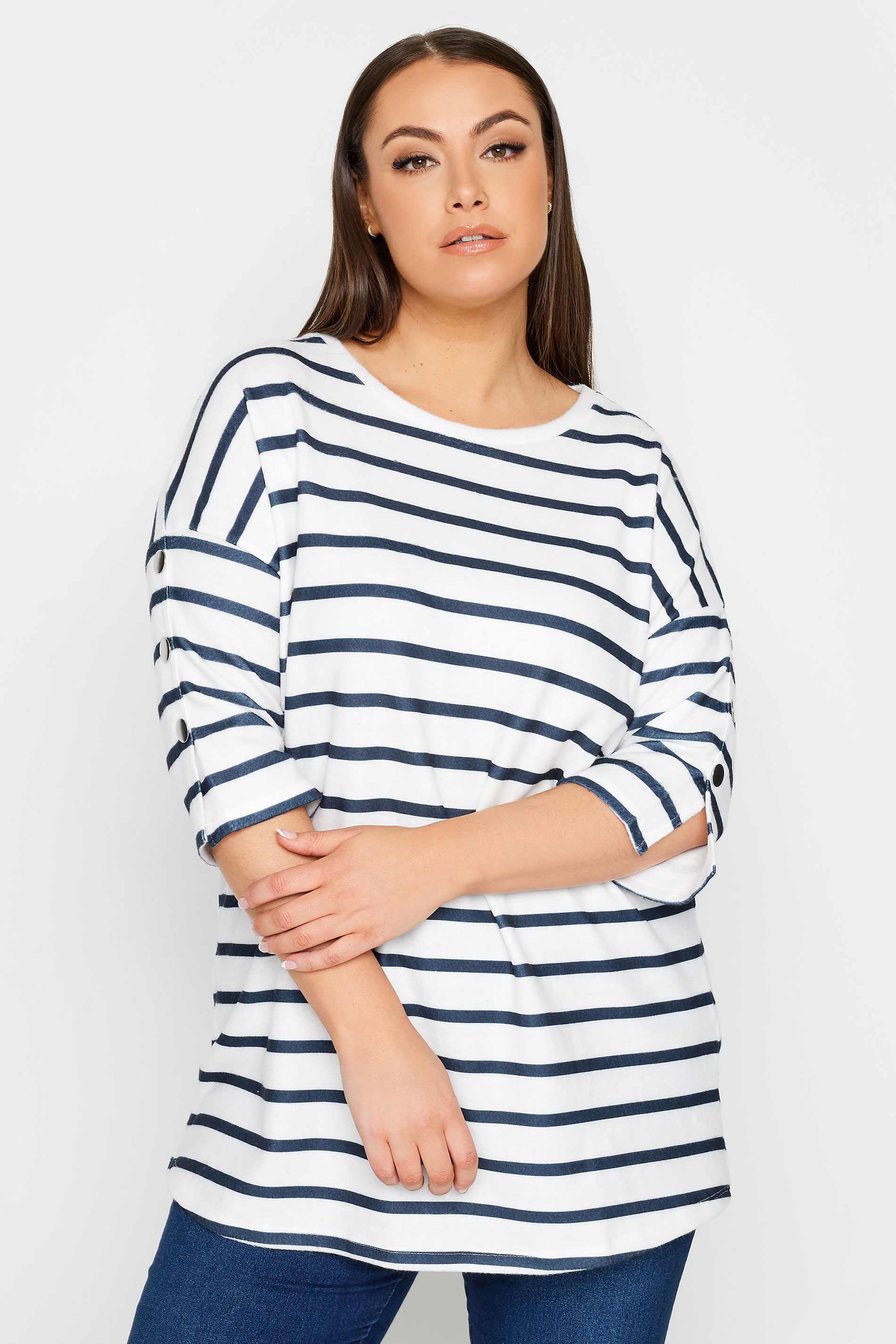 YOURS Curve White & Blue Striped Soft Touch Button Top | Yours Clothing 1
