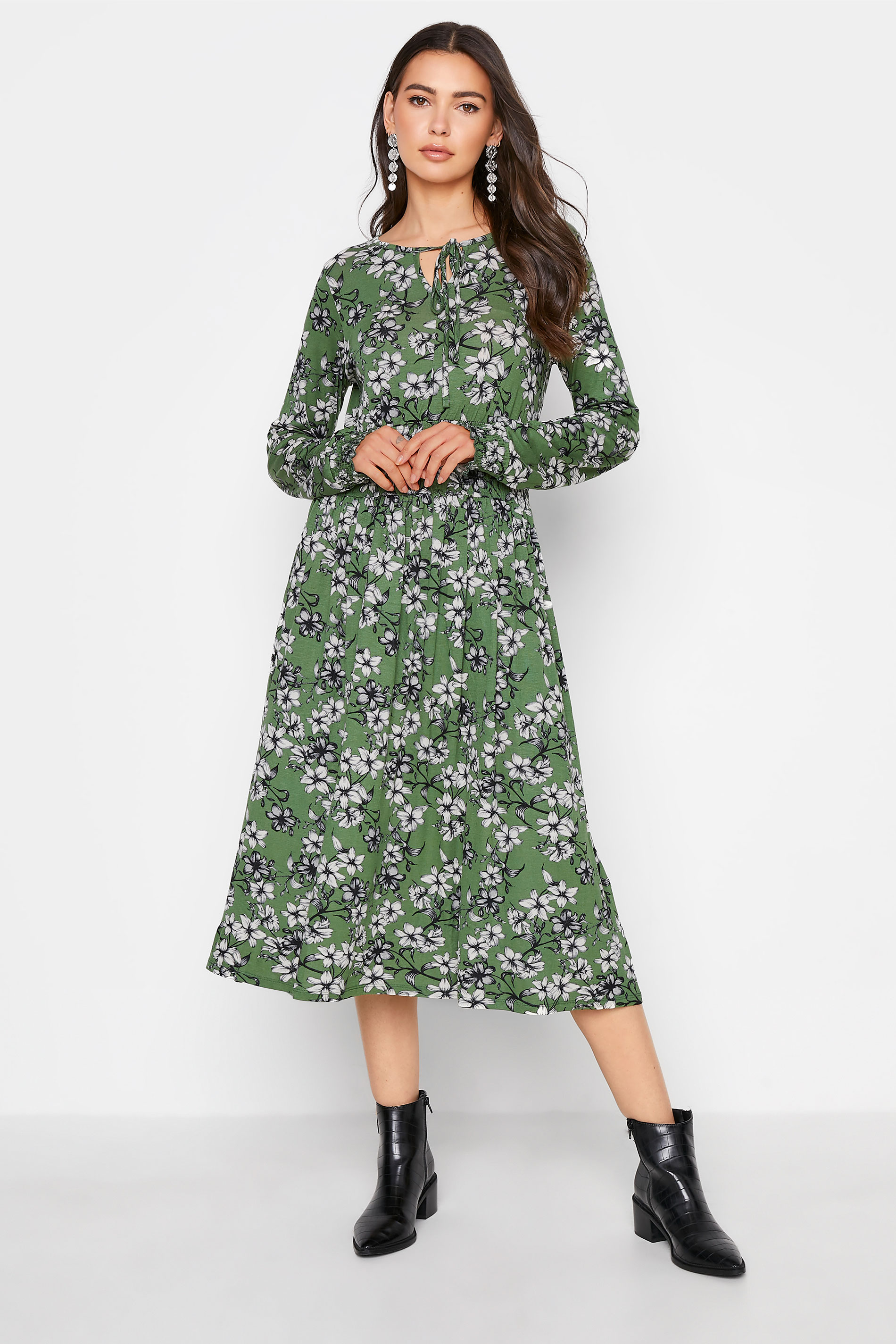 LTS Tall Green Floral Print Tie Neck Midi Dress 1