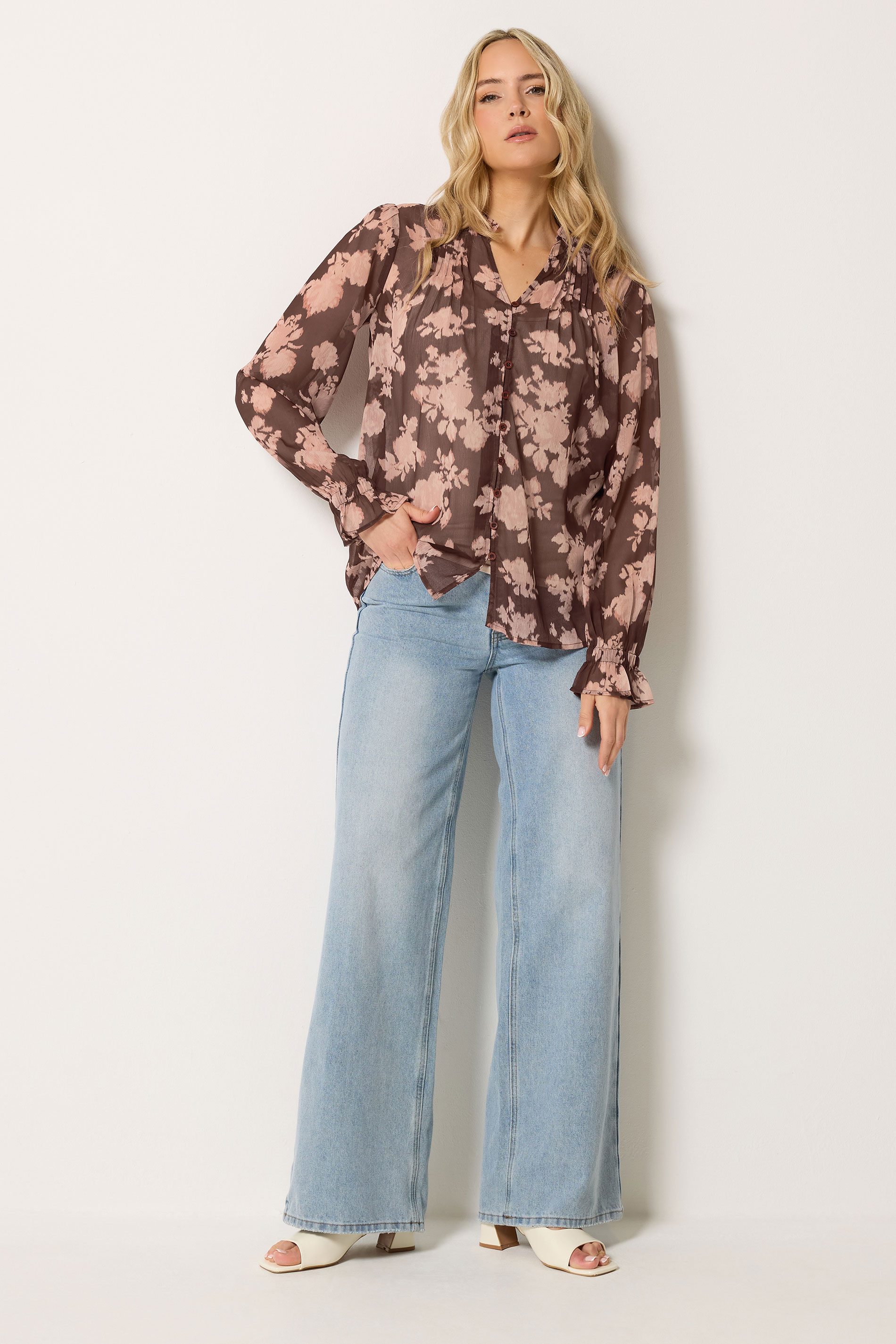 LTS Tall Women's Brown Abstract Floral Sheer Pintuck Blouse | Long Tall Sally 1