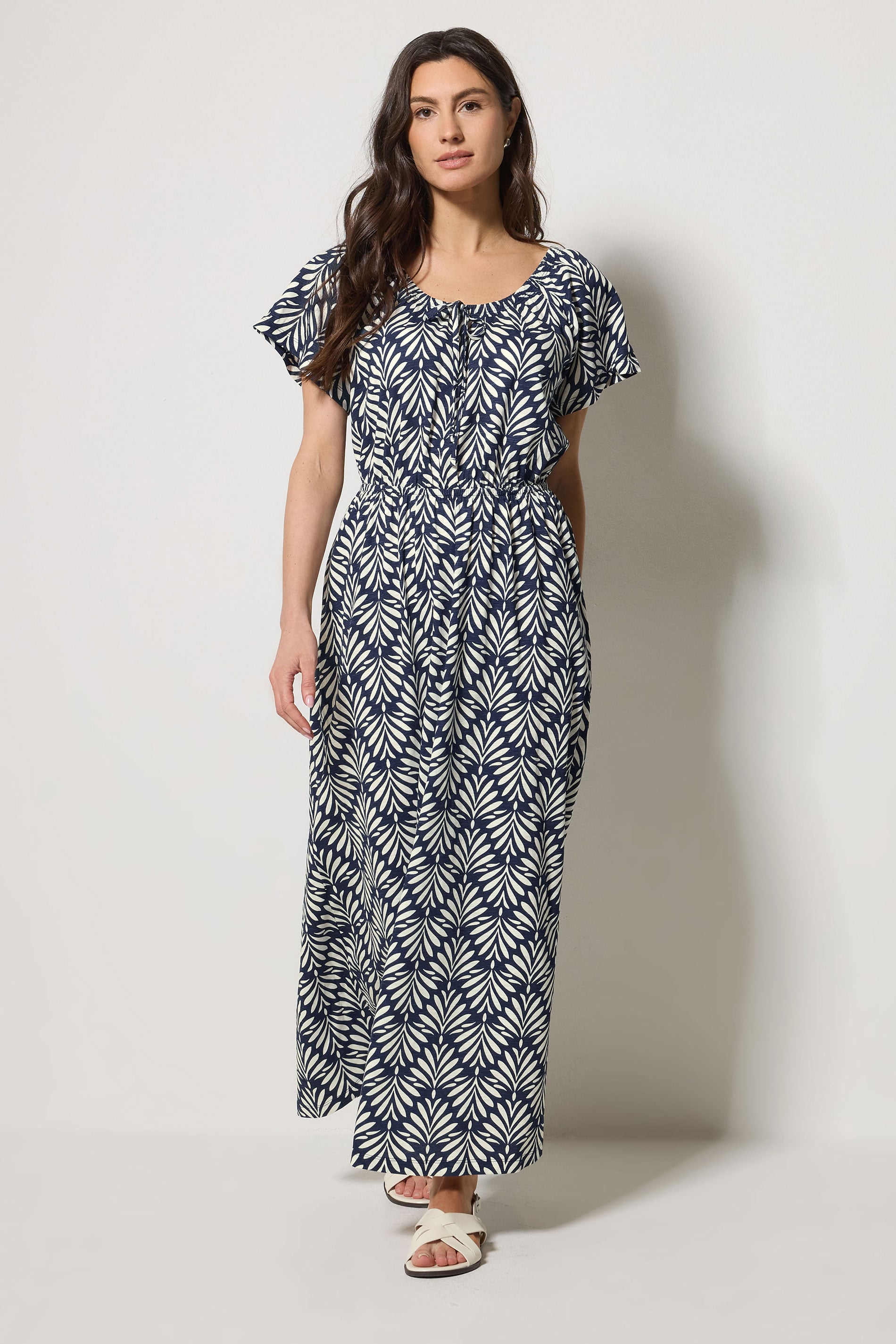 M&Co Navy Blue Leaf Print Tie Neck Cotton Maxi Dress | M&Co 3