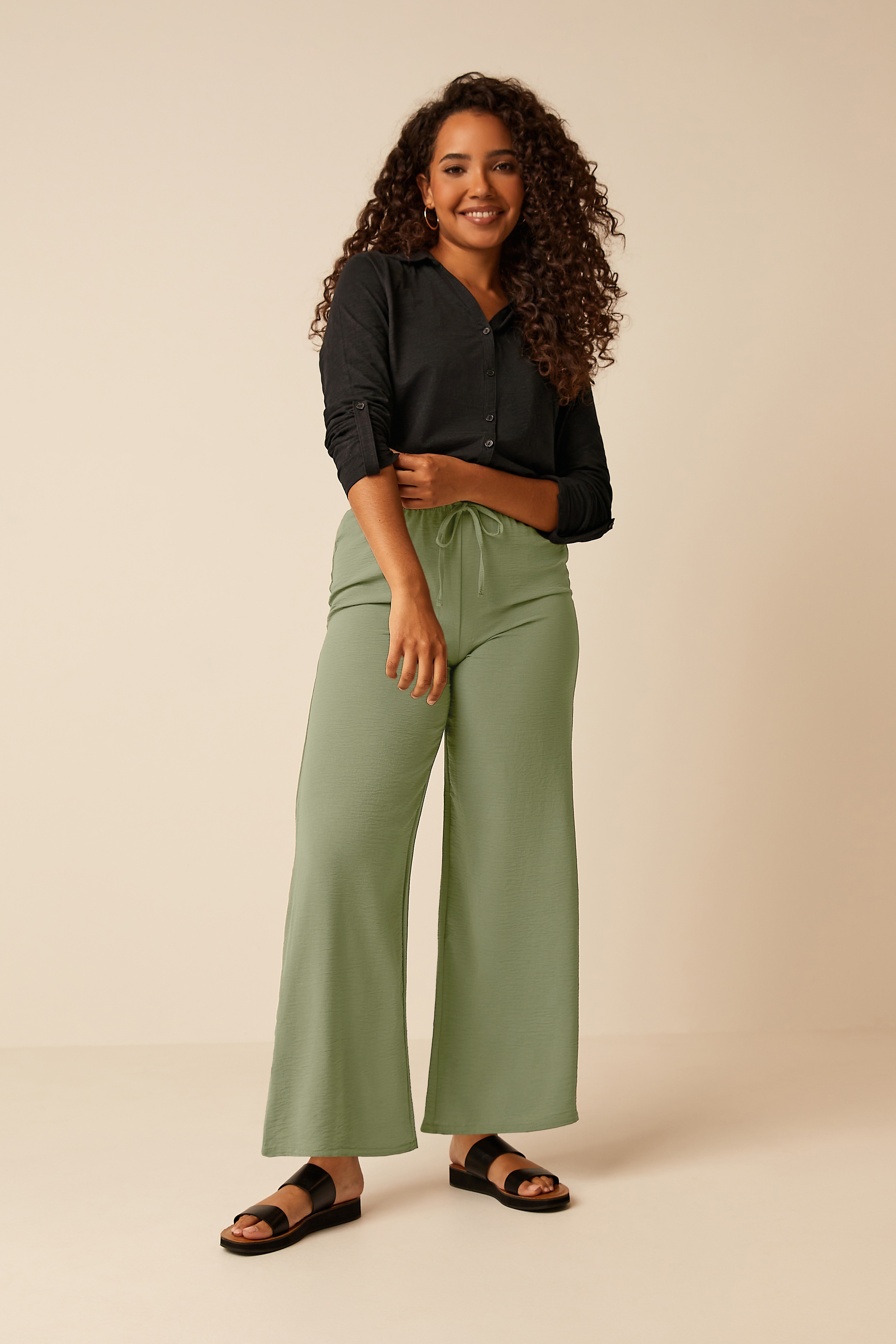 M&Co Khaki Green Crepe Wide Leg Trousers | M&Co 1