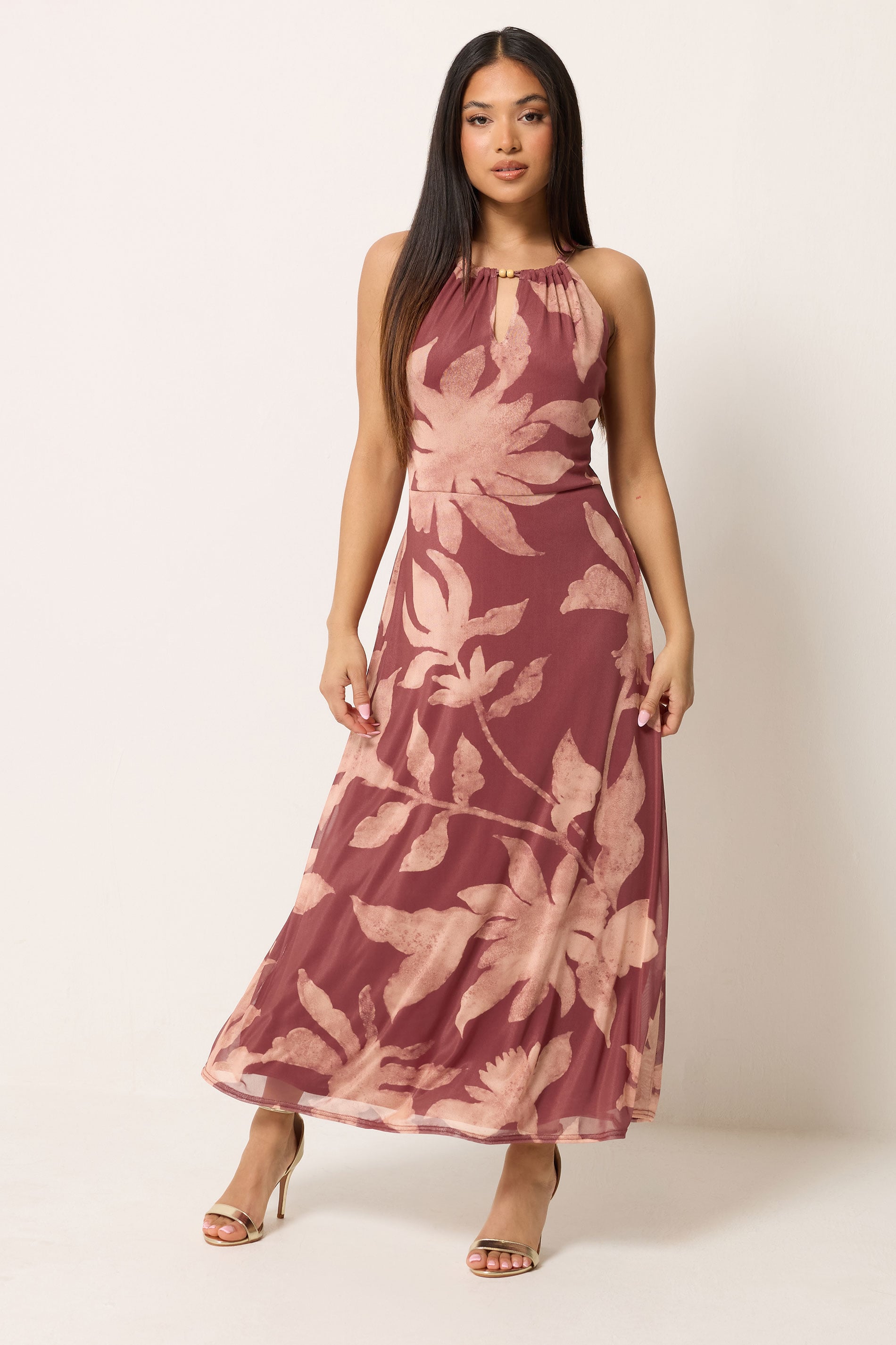 M&Co Petite Orange Floral Print Halter Neck Mesh Maxi Dress | M&Co 1
