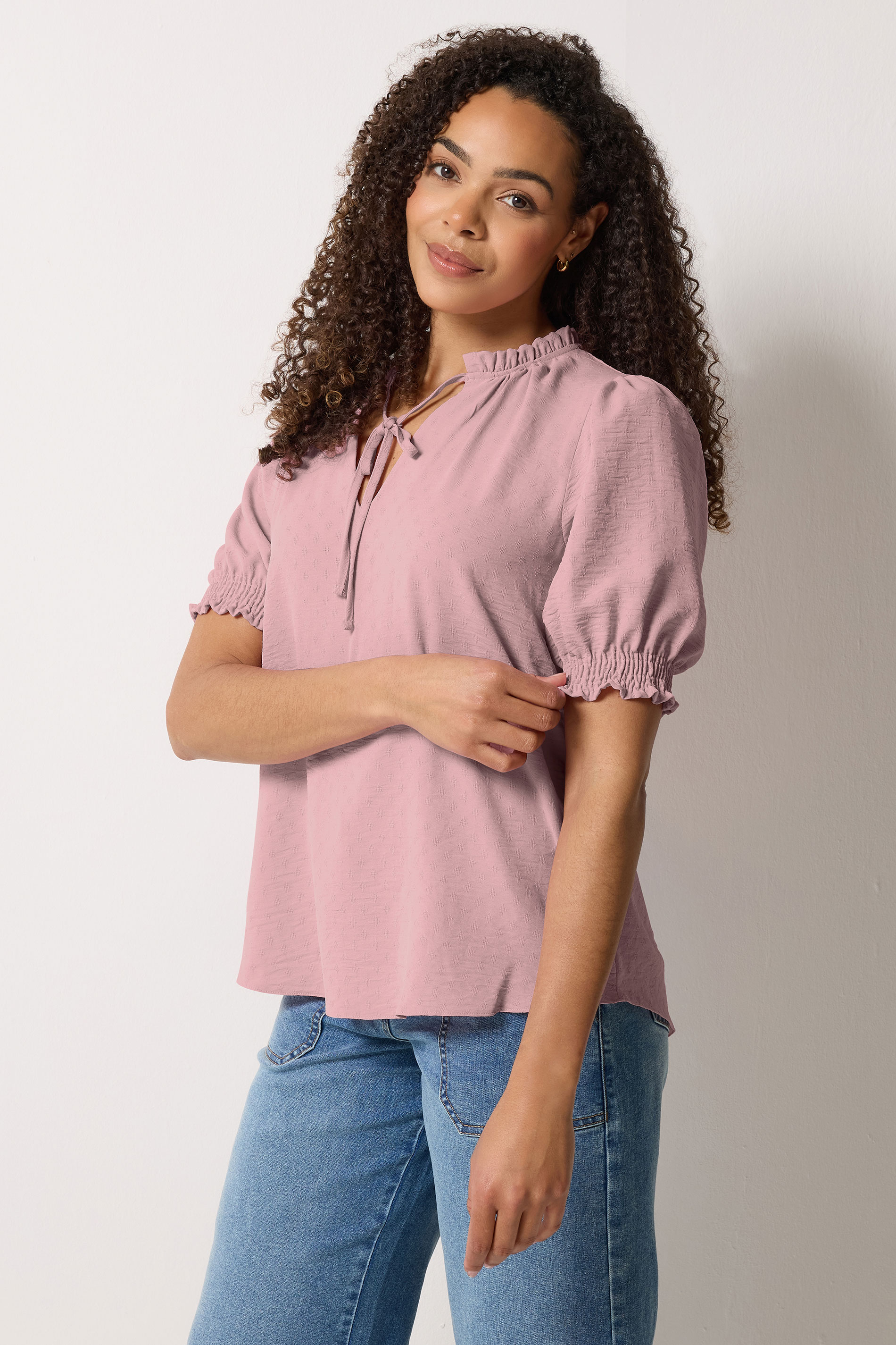 M&Co Pink Pastel Tie Neck Frill Sleeve Blouse | M&Co 1