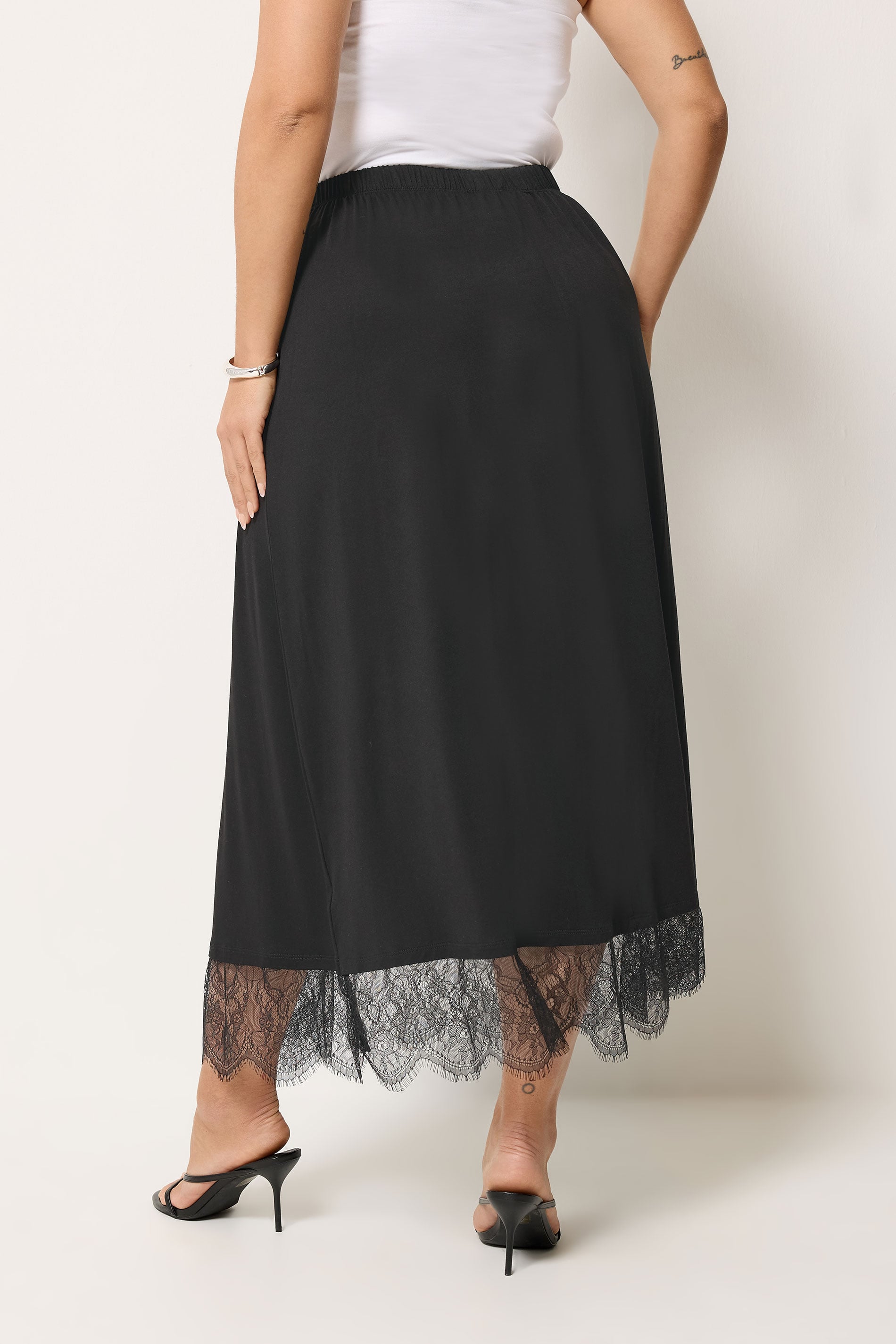 YOURS Plus Size Black Lace Trim Gathered Skirt | Yours Clothing 4