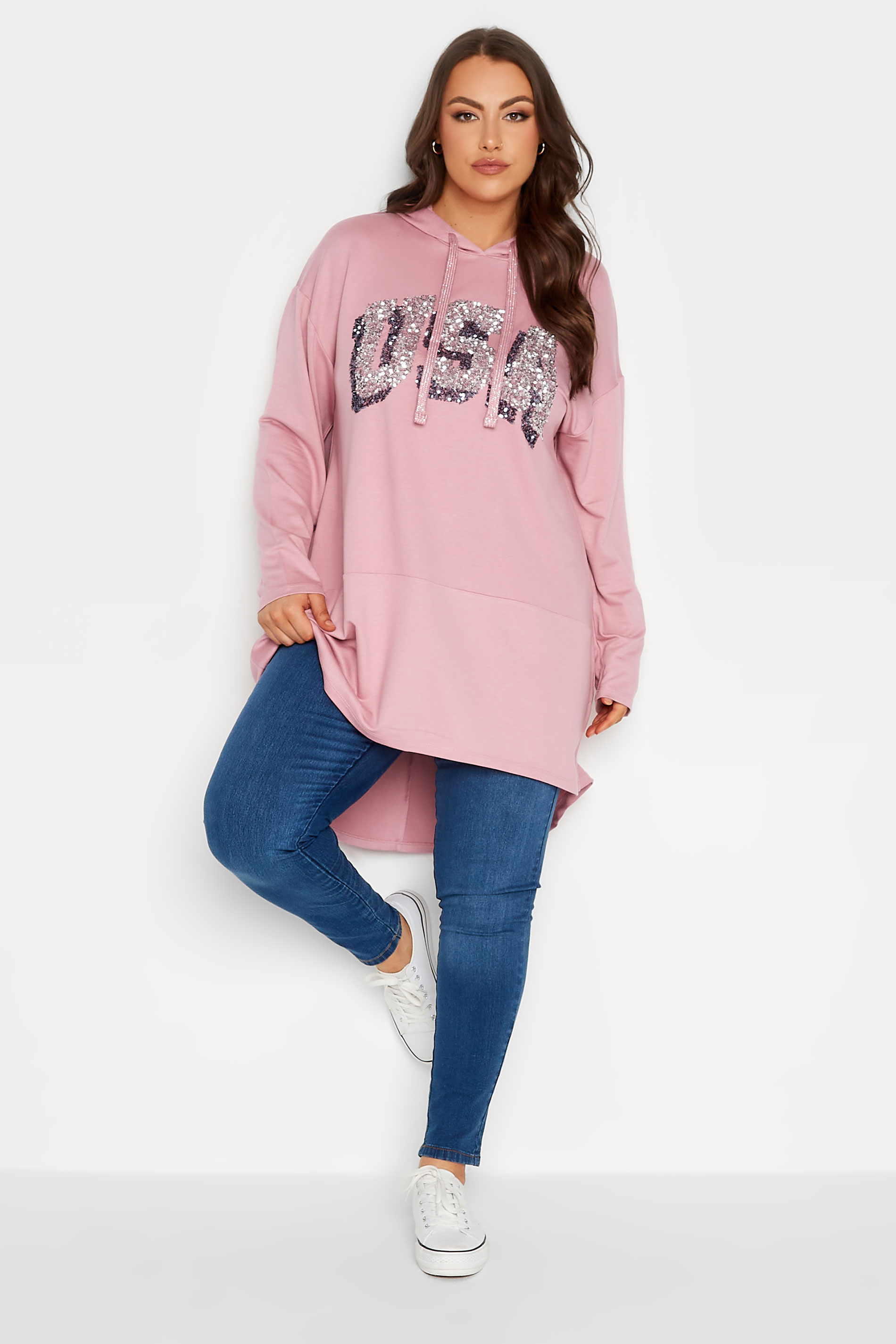 YOURS Plus Size Curve Blush Pink Blue 'USA' Slogan Longline Hoodie | Yours Clothing  2