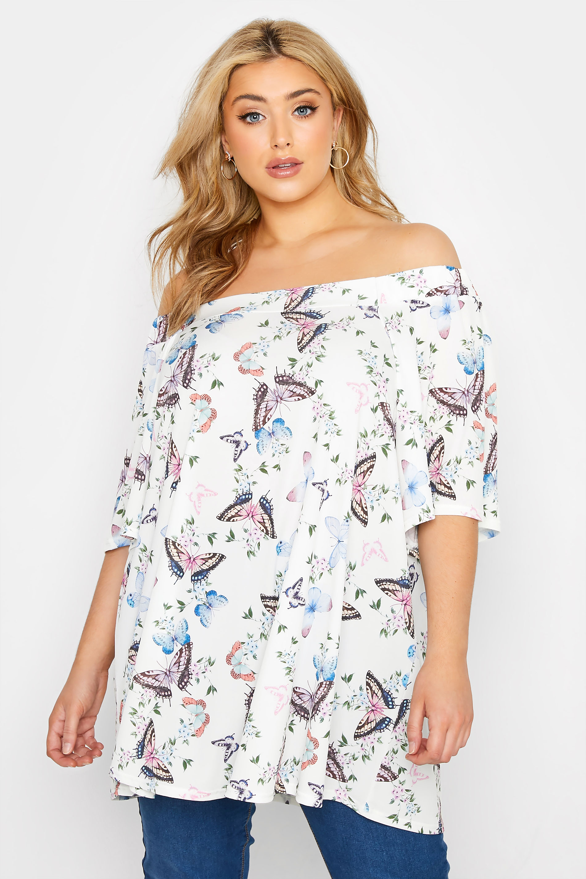 YOURS LONDON Curve White Butterfly Print Bardot Top_A.jpg