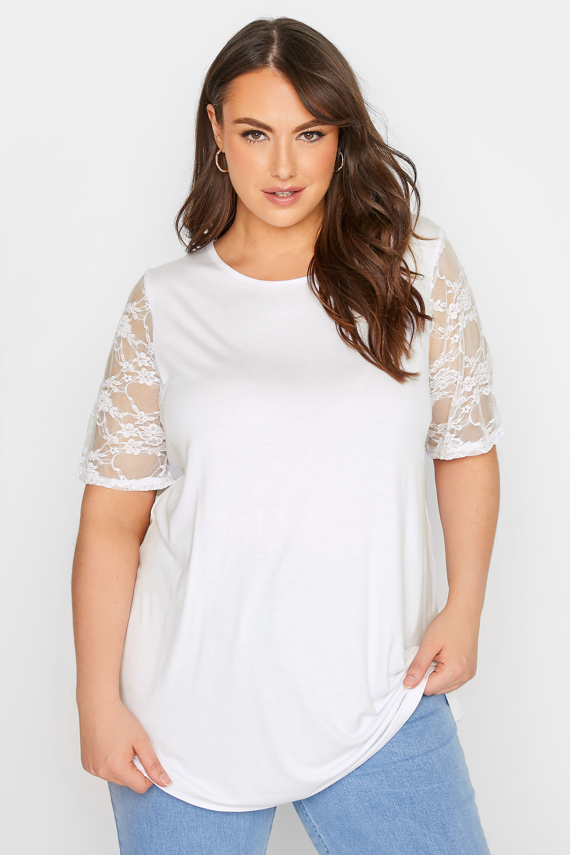 LIMITED COLLECTION Curve White Lace Sleeve T-Shirt_A.jpg