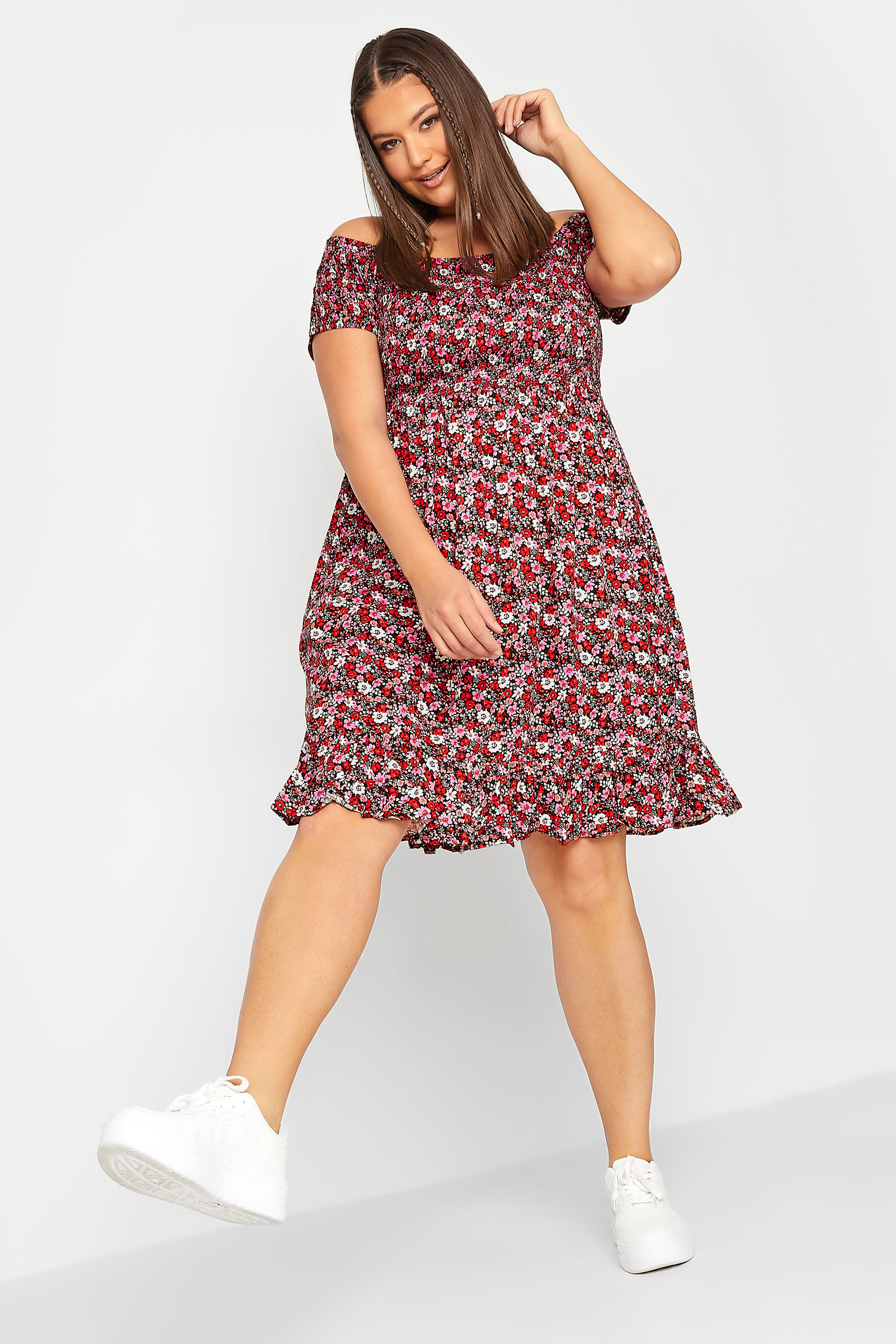 YOURS Plus Size Curve Pink Floral Shirred Bardot Mini Dress | Yours Clothing  2