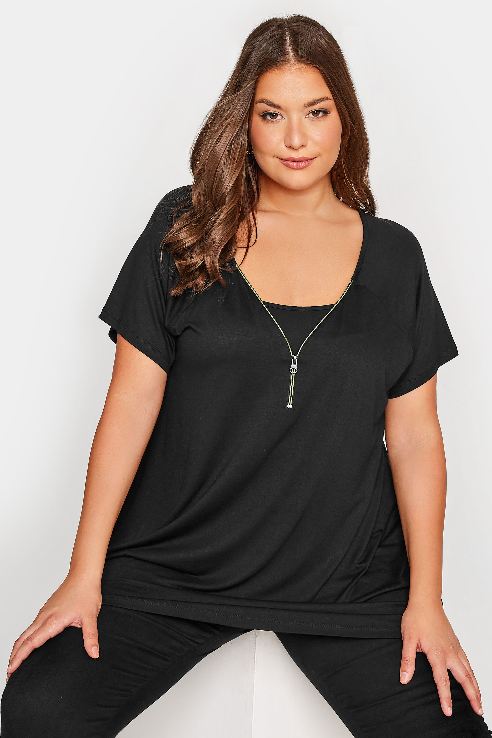 Curve Black Zip Neck T-Shirt | Yours Clothing 1