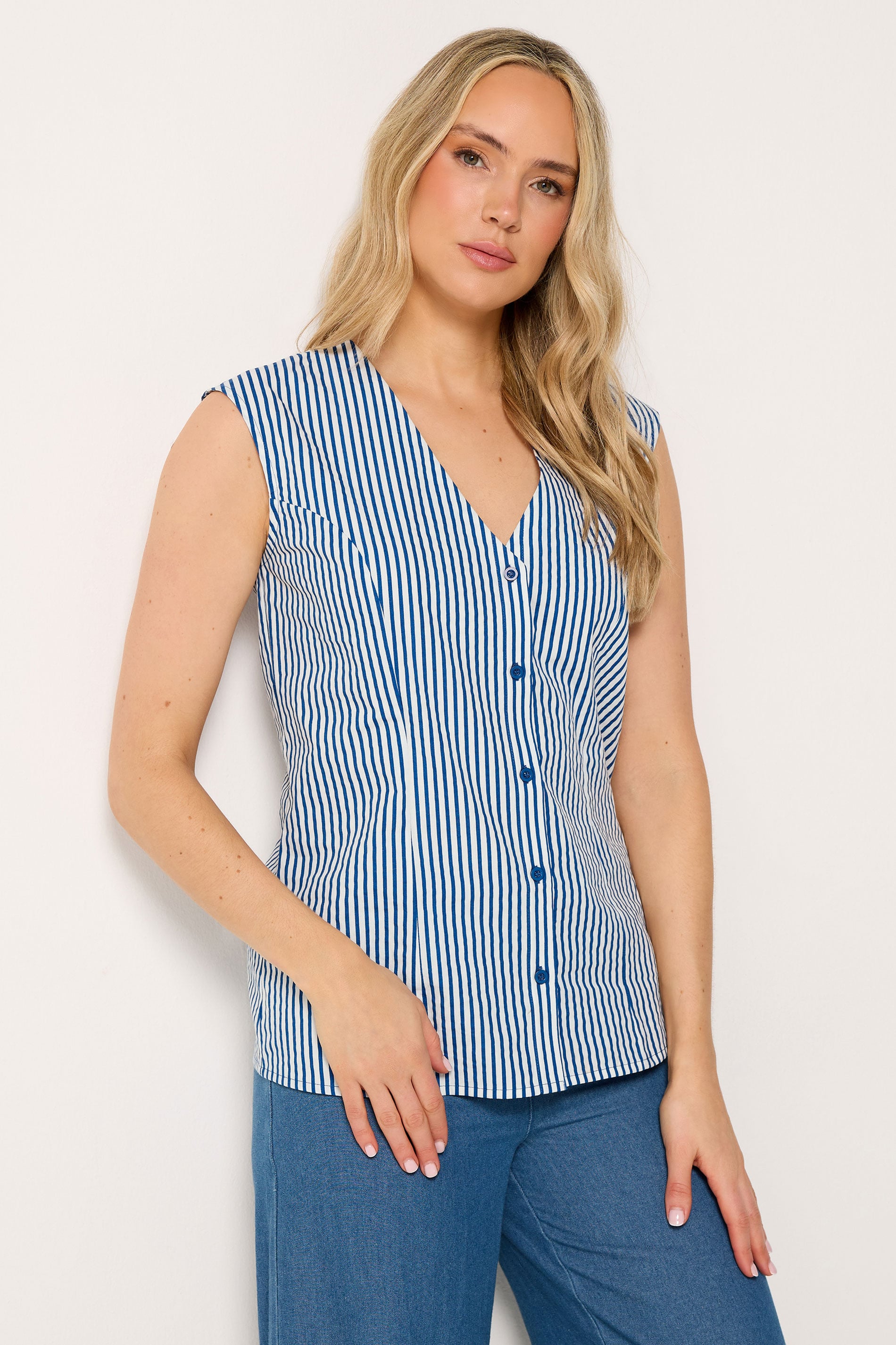 LTS Tall Women's Blue Striped Cotton Waistcoat | Long Tall Sally 1
