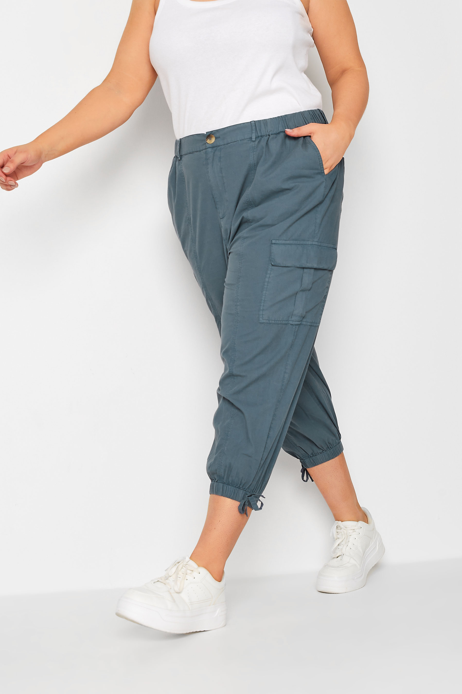YOURS Curve Plus Size Grey Cropped Cargo Trousers | Yours Clothing  1