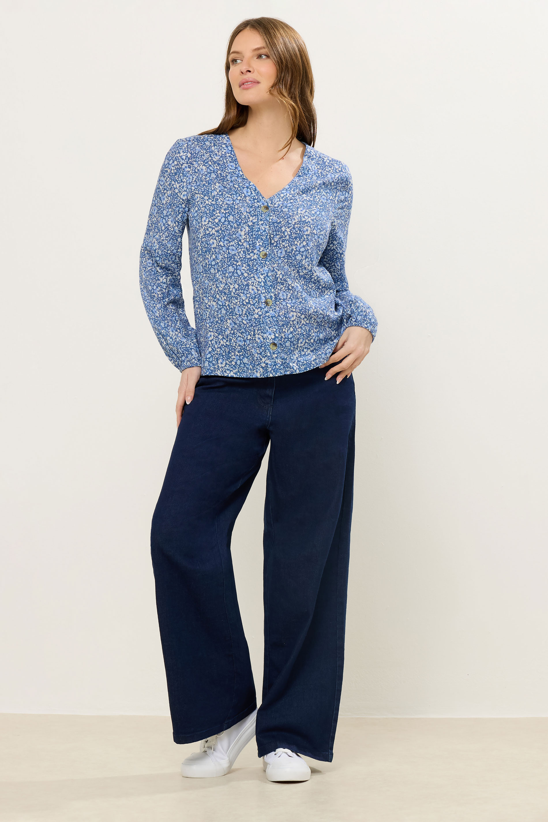 M&Co Blue Ditsy Floral Button Front Long Sleeve Blouse | M&Co 2