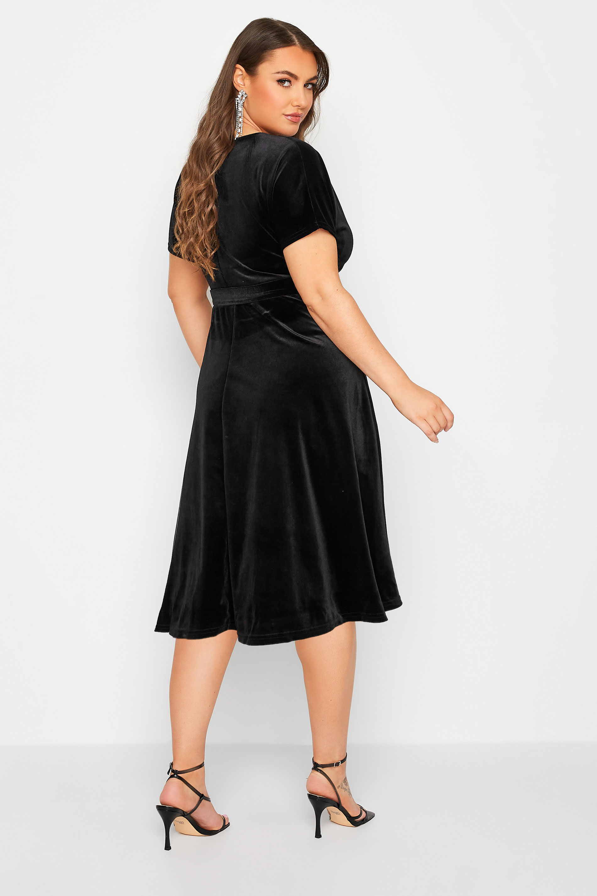 YOURS LONDON Curve Black Velvet Wrap Skater Dress | Yours Clothing 3