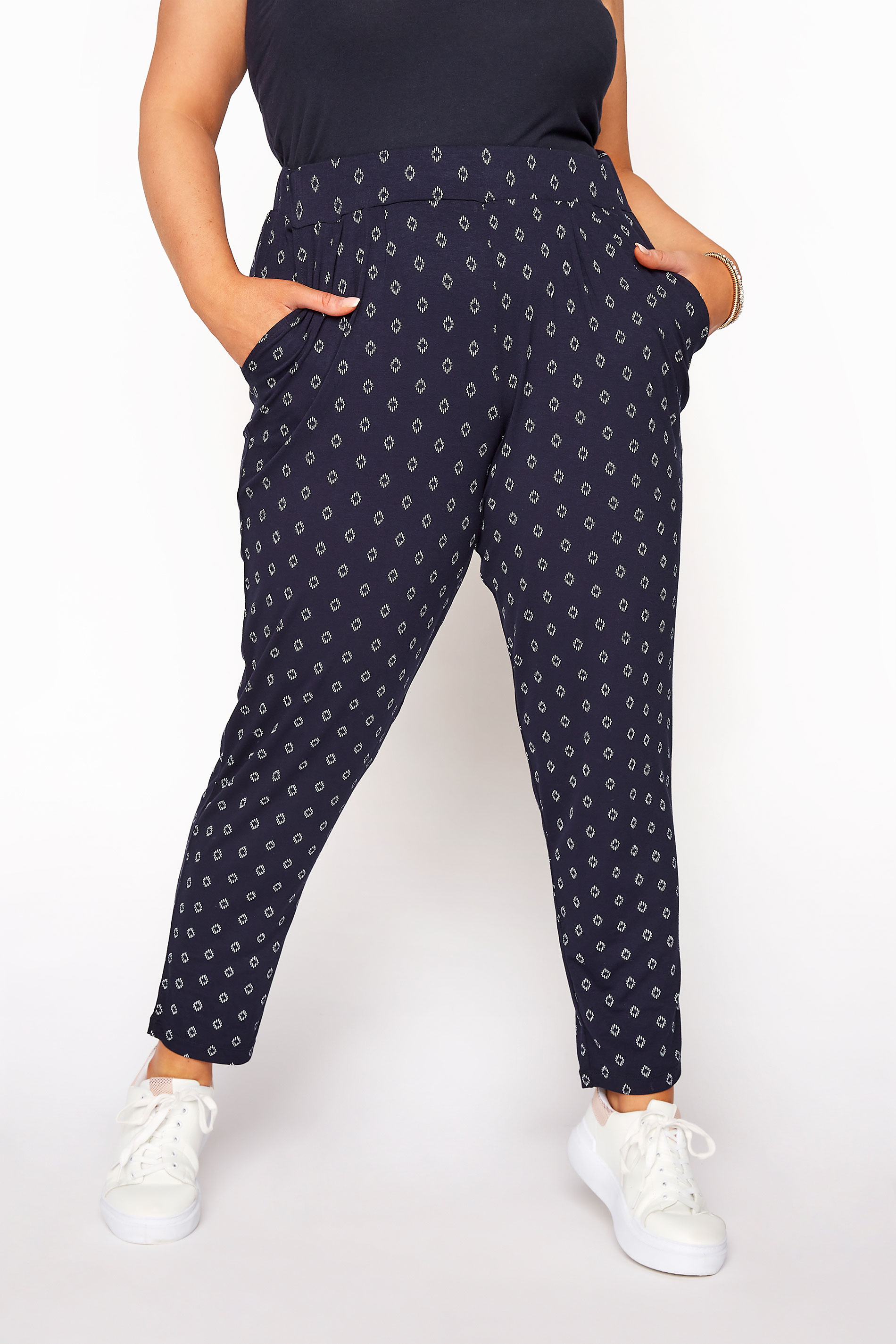 Navy Blue Deco Diamond Pleated Harem Trousers | Yours Clothing 2