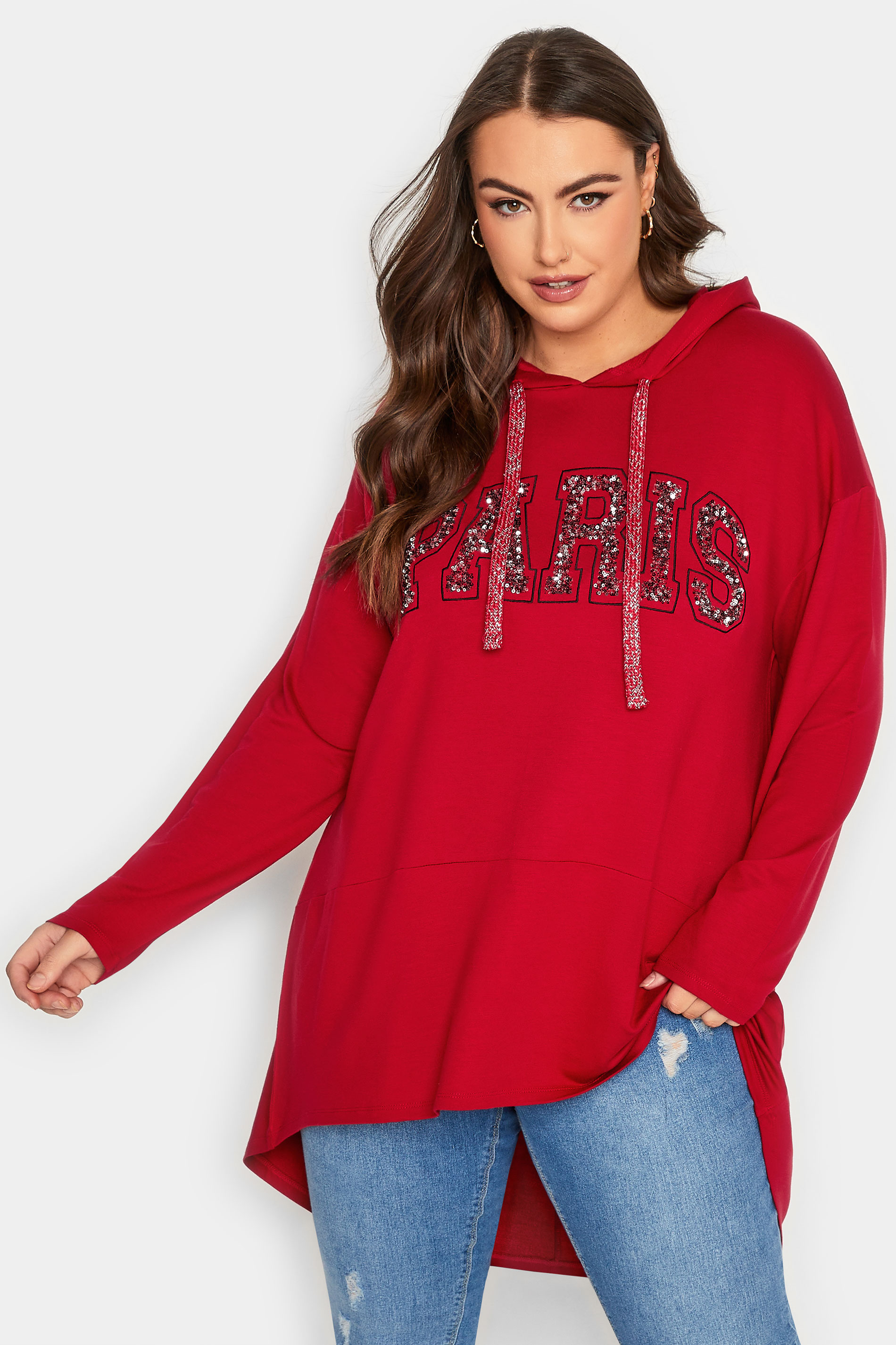 YOURS Plus Size Curve Dark Red 'Paris' Slogan Longline Hoodie | Yours Clothing  1