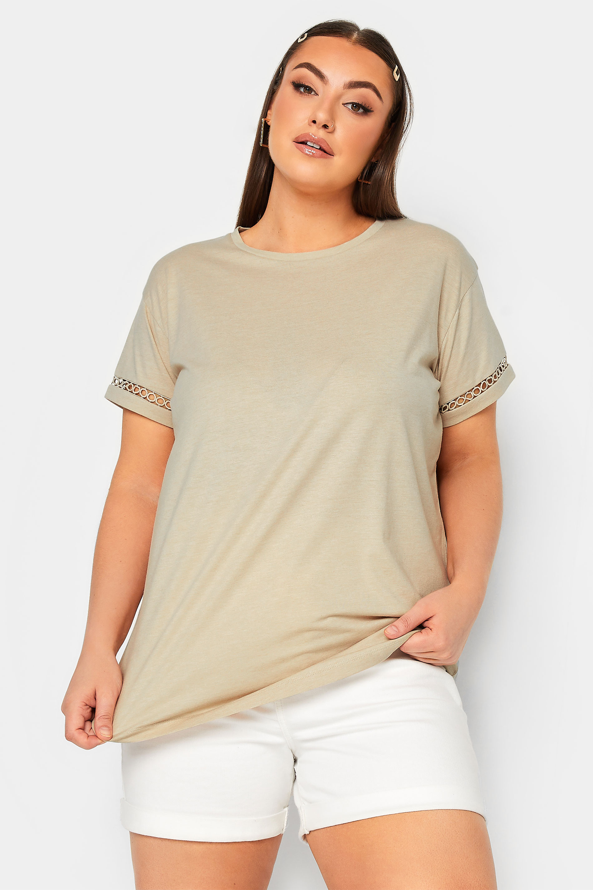LIMITED COLLECTION Plus Size Beige Brown Crochet Trim T-Shirt | Yours Clothing  1