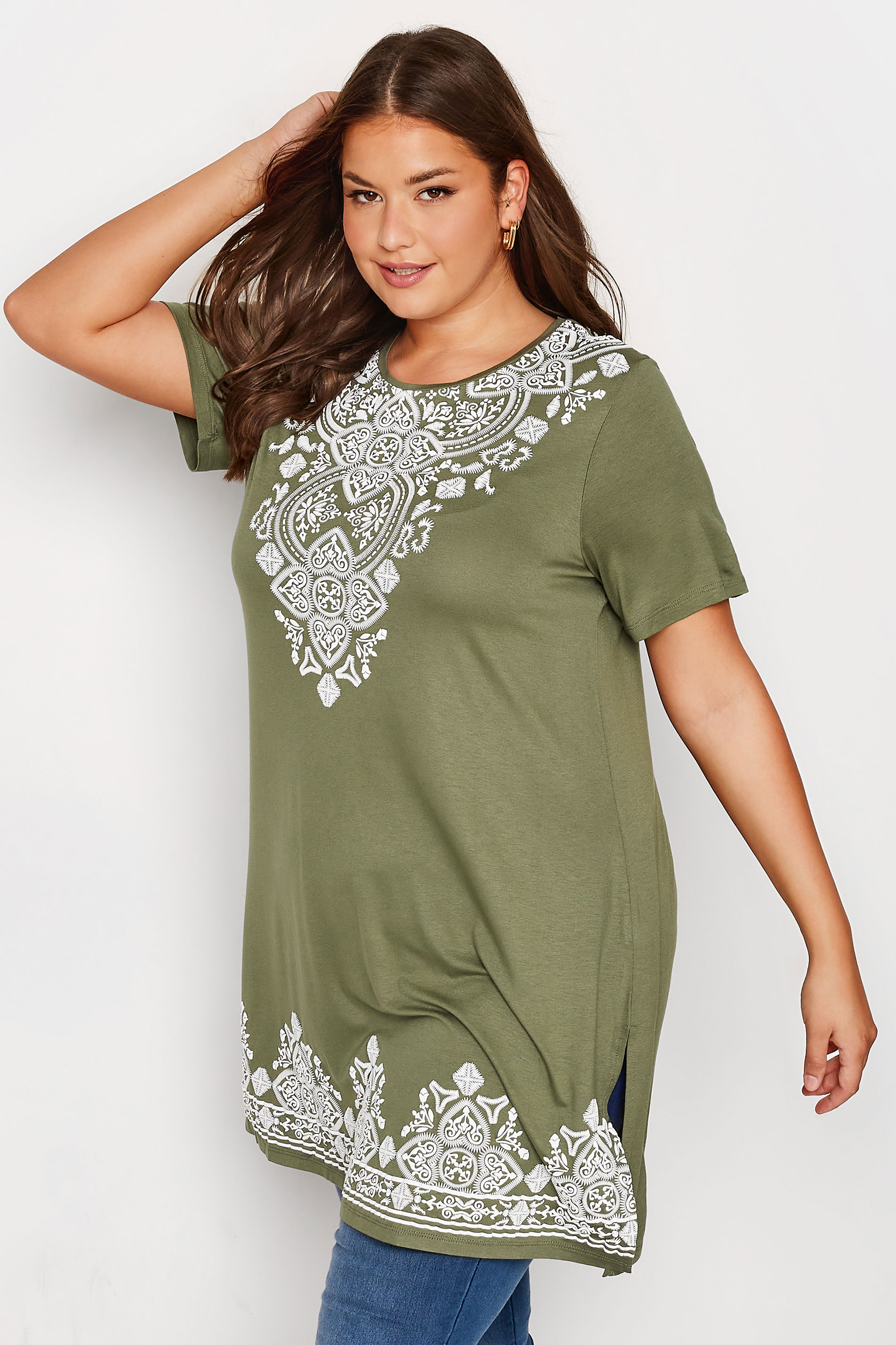 Plus Size Khaki Green Scarf Border Print Tunic Top | Yours Clothing 1