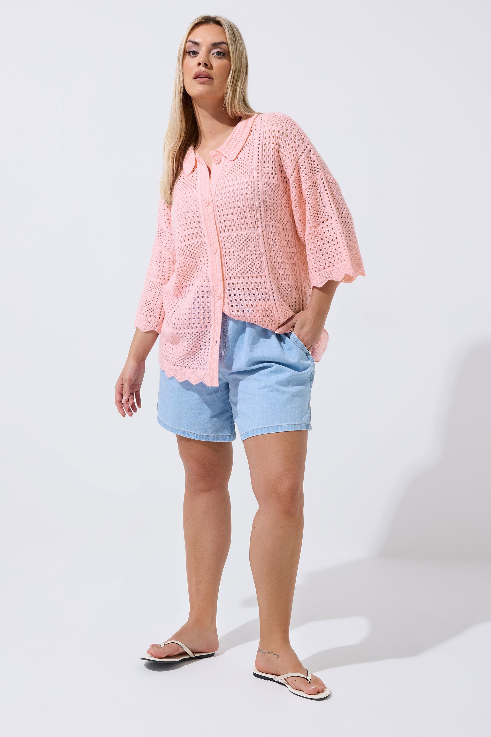 LIMITED COLLECTION Plus Size Pink Crochet Knitted Shirt | Yours Clothing 2