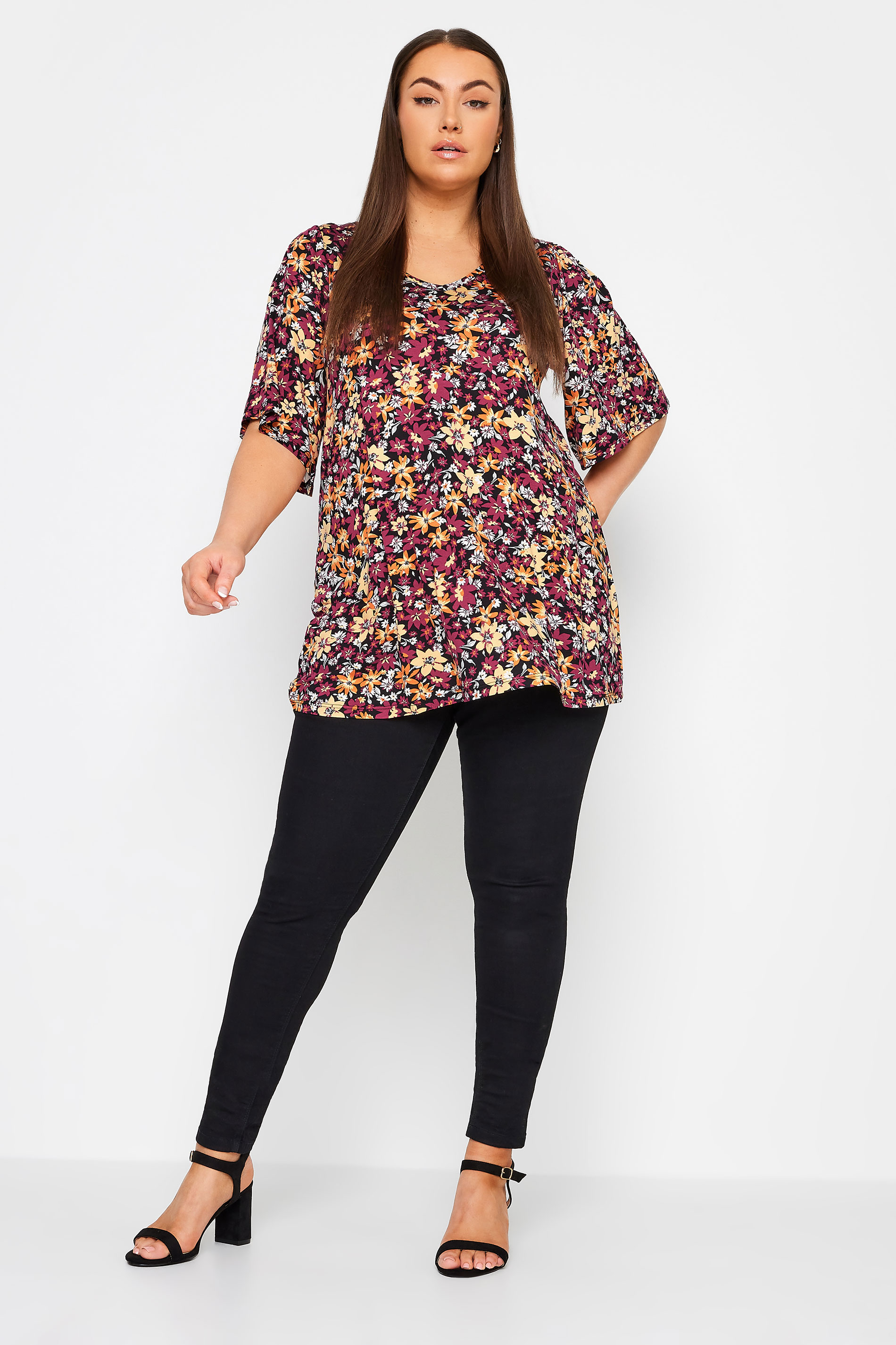 YOURS Plus Size Red & Pink Floral Print Angel Sleeve Top | Yours Clothing 2