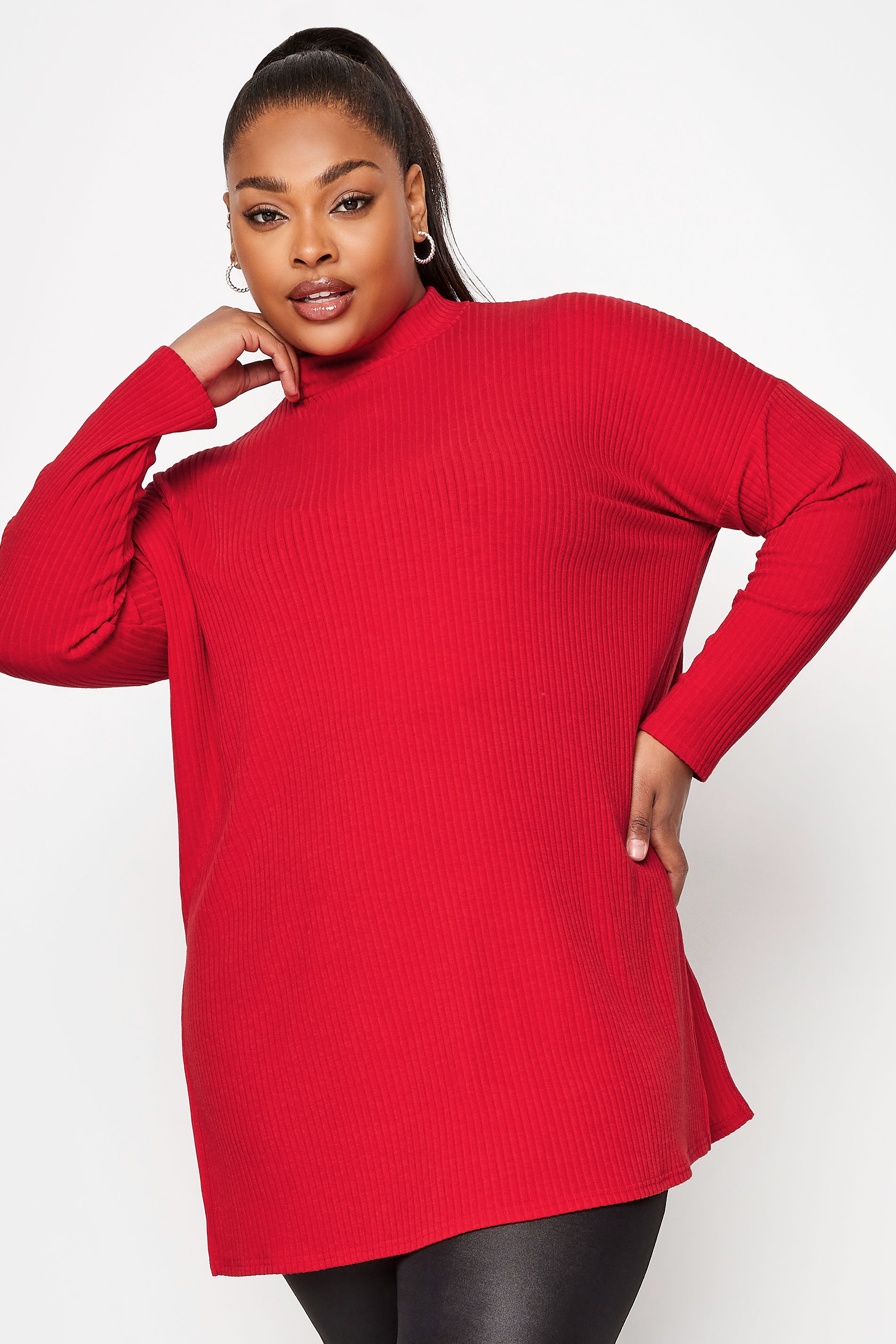 YOURS Plus Size Red Ribbed Turtle Neck Top | Yours Clothing 1