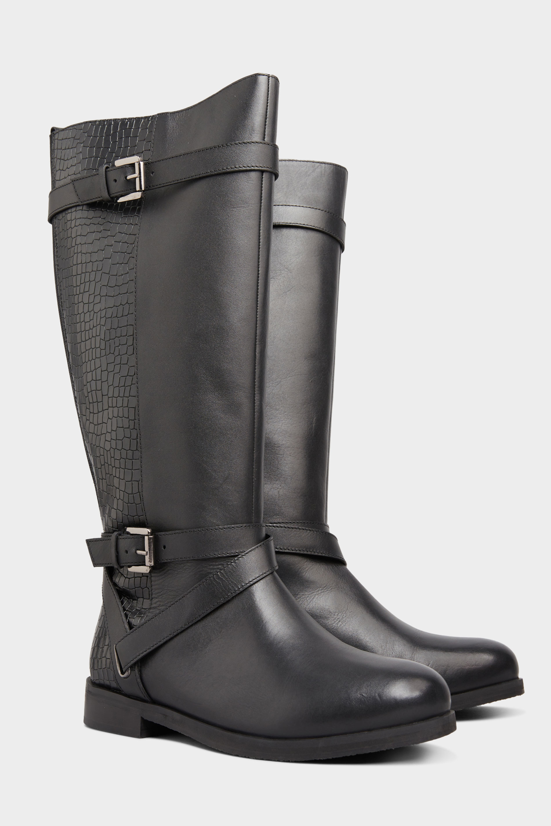 Black Leather Buckle Calf Knee High Riding Boots In Extra Wide EEE Fit 1