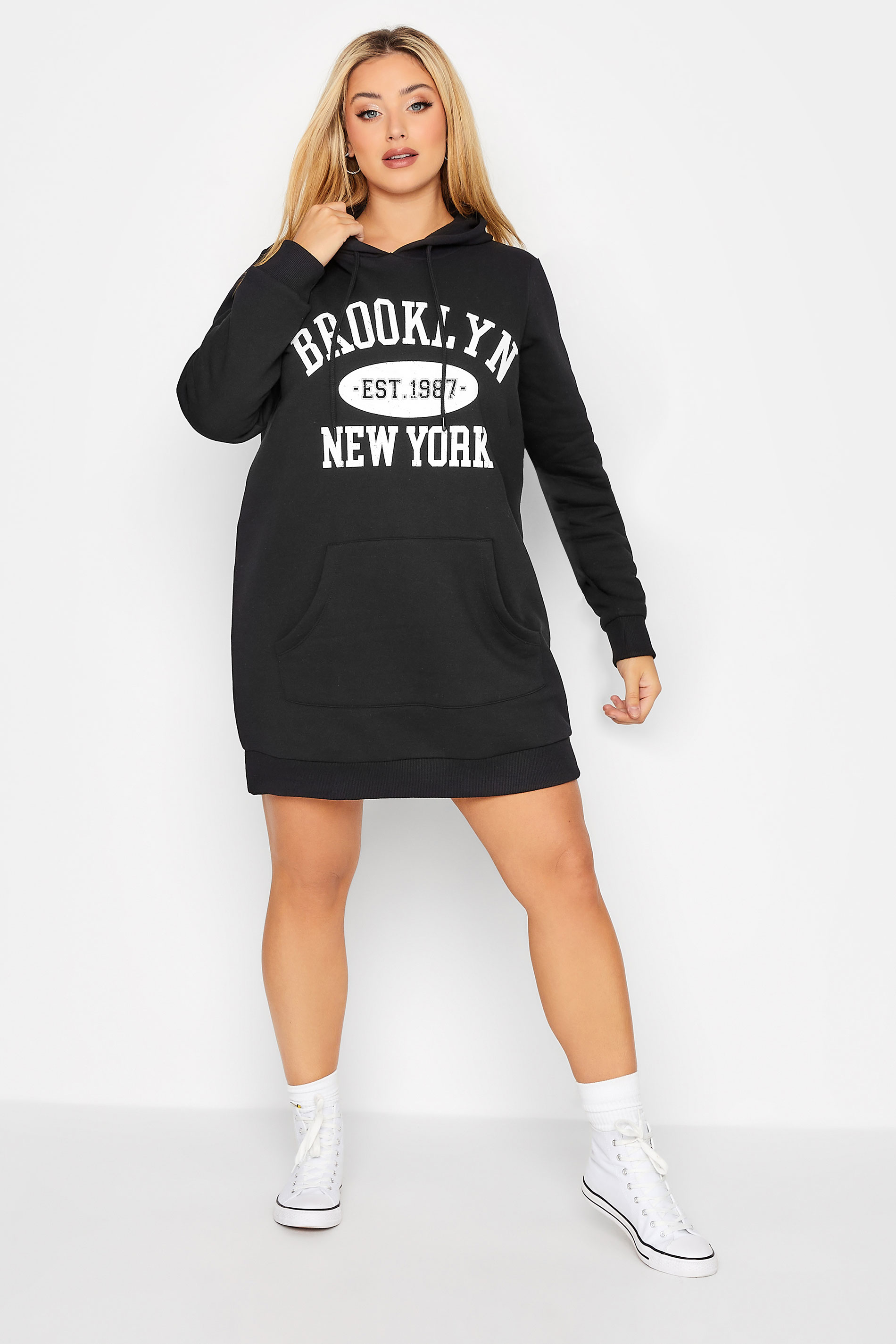 Plus Size Black 'Brooklyn New York' Slogan Hoodie Dress | Yours Clothing 2