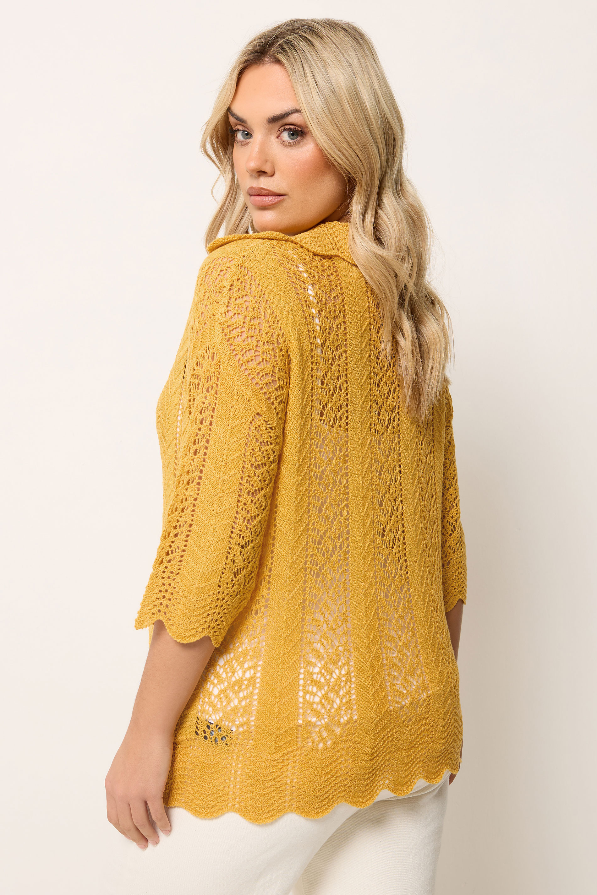YOURS Plus Size Mustard Yellow Pointelle Knitted T-Shirt | Yours Clothing 2