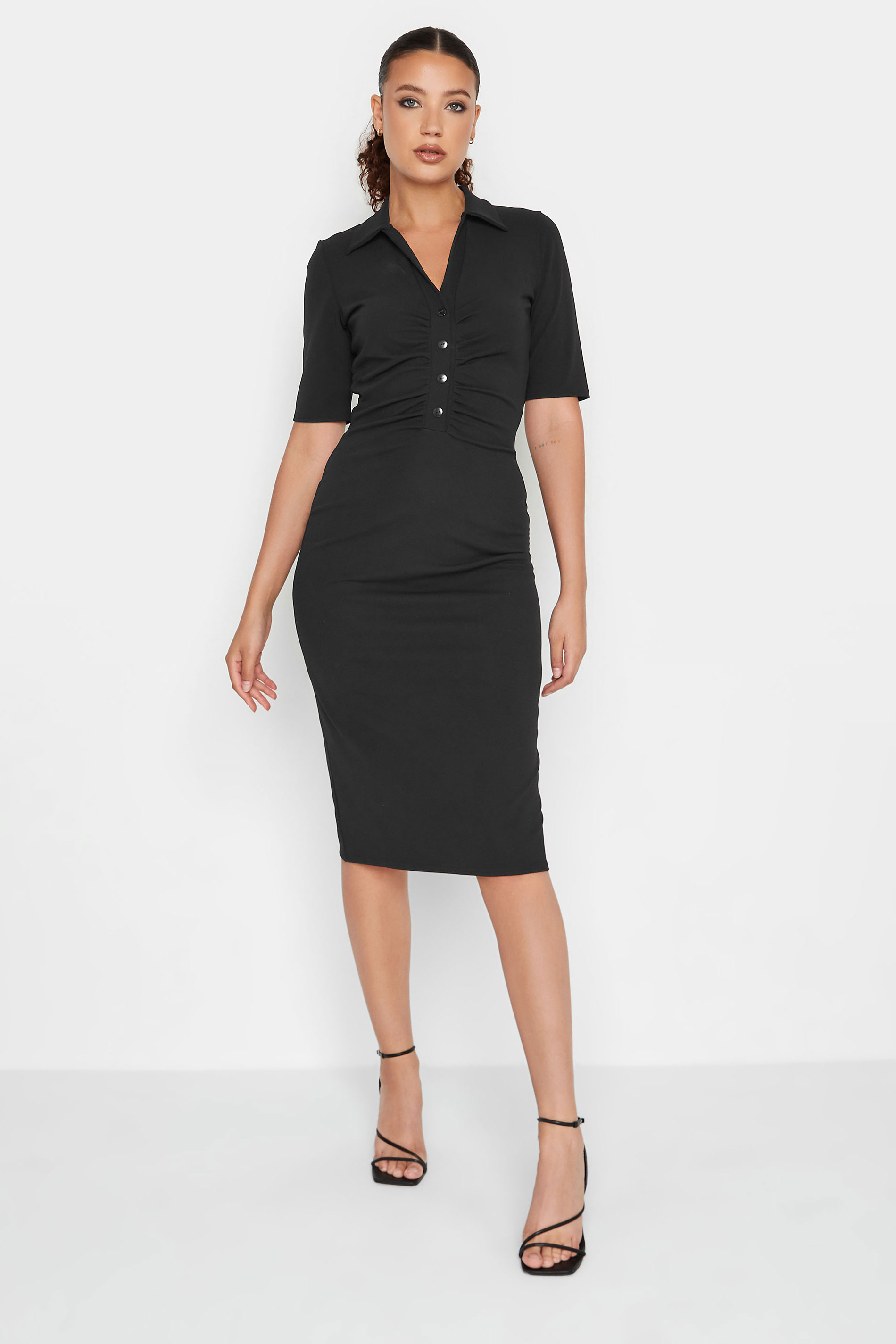 LTS Tall Black Ruched Button Midi Dress | Long Tall Sally  2