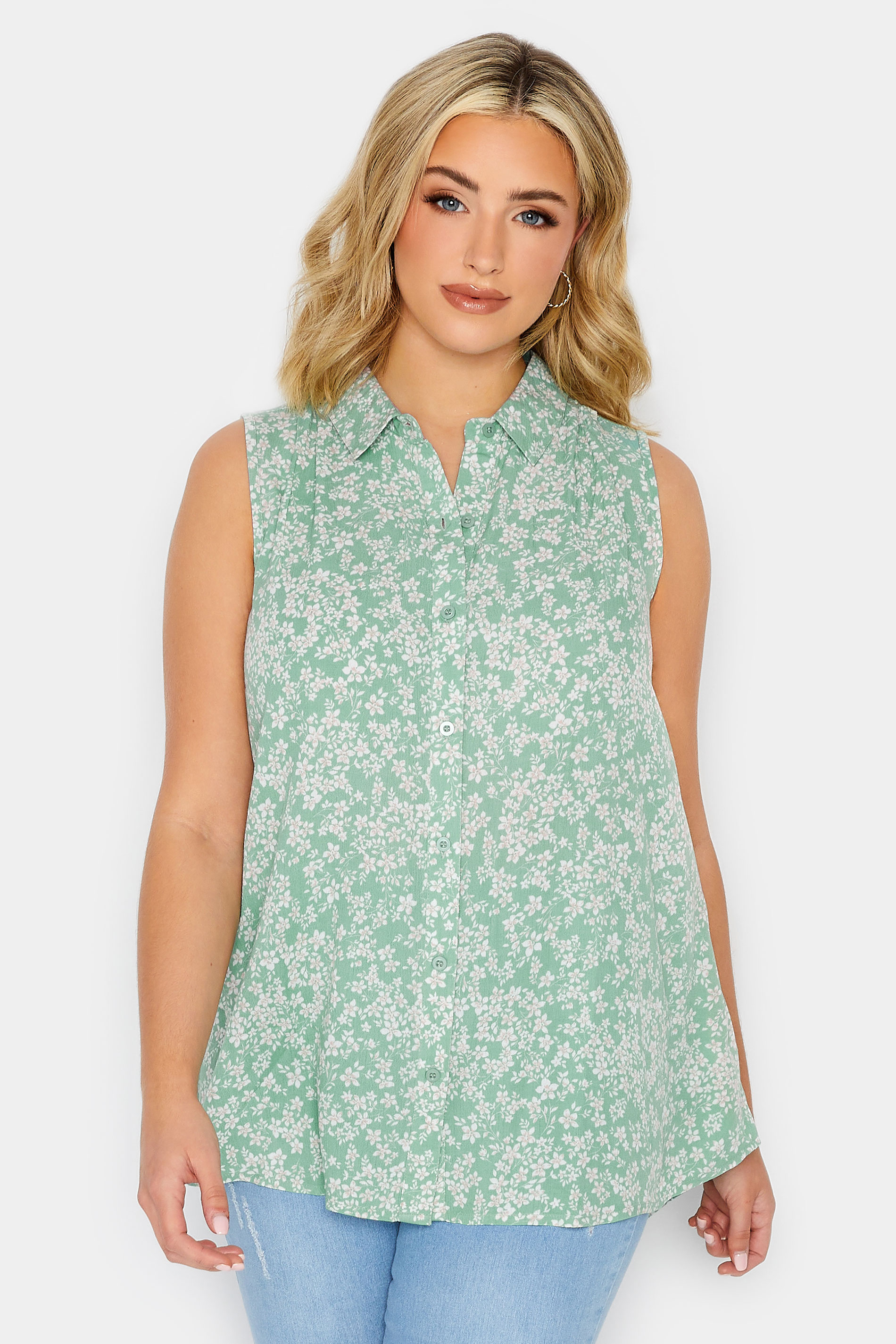 YOURS Plus Size Sage Green Ditsy Floral Print Blouse | Yours Clothing 1
