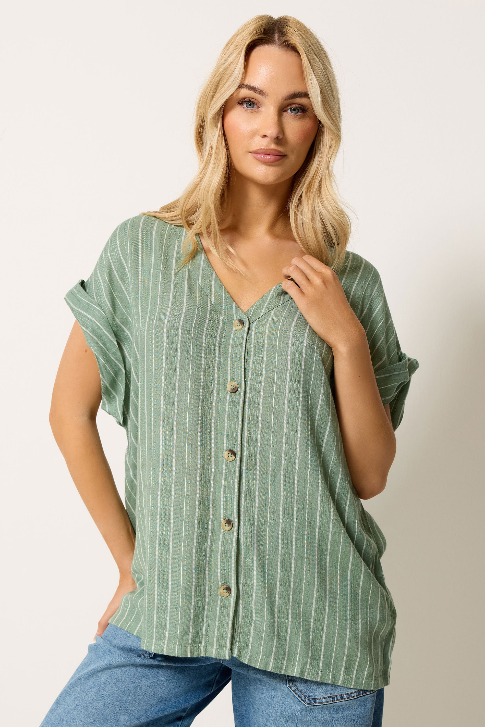 M&Co Green Stripe Print Short Sleeve Blouse | M&Co 3