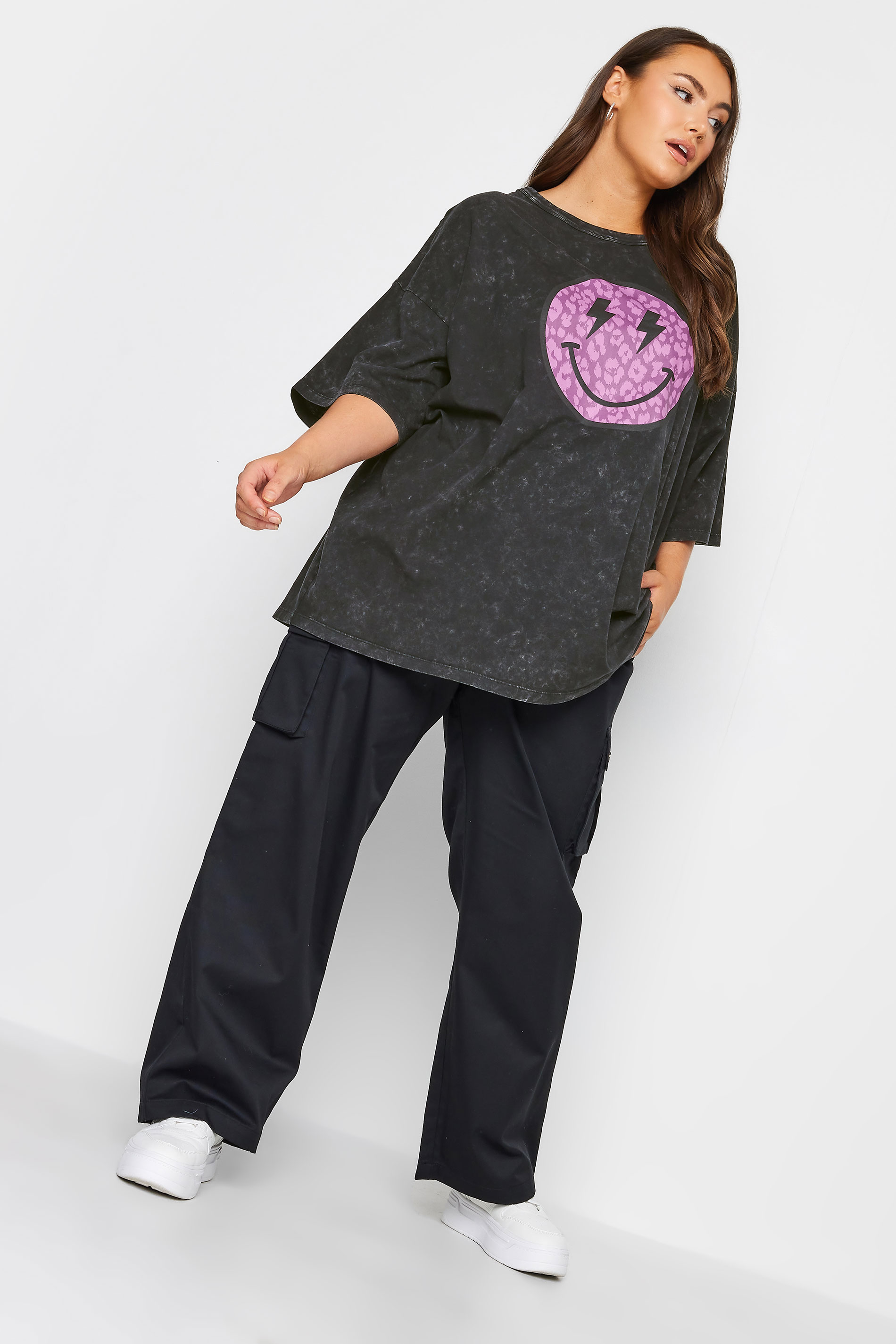 YOURS Curve Plus Size Charcoal Grey & Purple Leopard Print Smiley Face T-Shirt | Yours Clothing  2