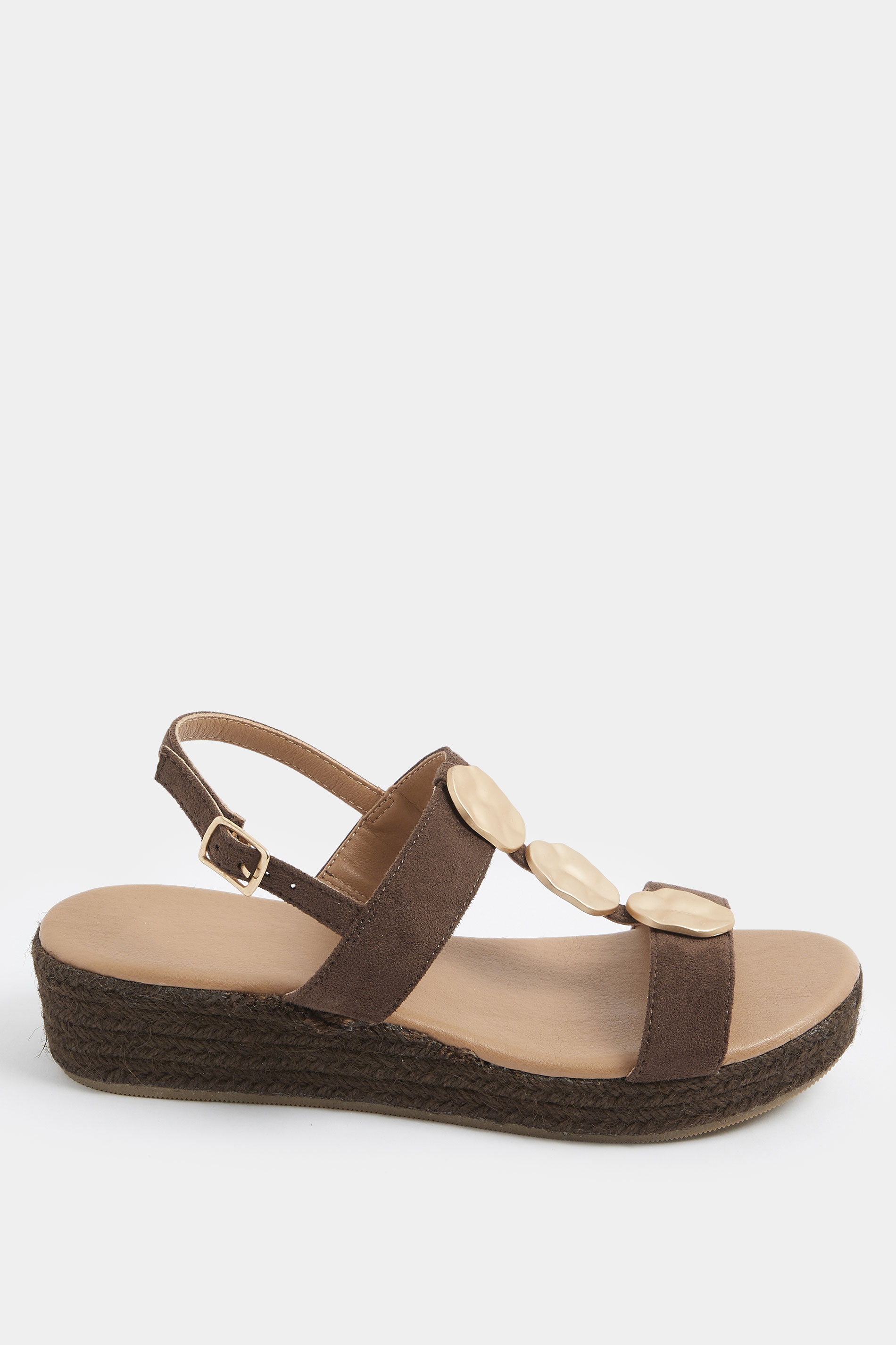 Chocolate Brown Hammered Disk Wedge Sandals In Wide E Fit | Yours Clothing 2